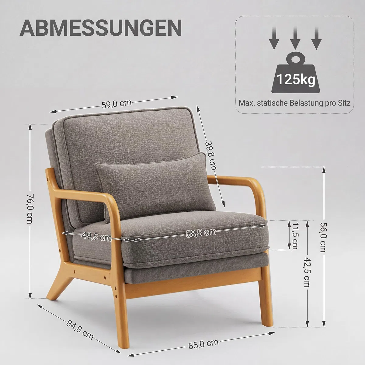 COLAMY Sessel Wohnzimmer Mid-Century Modern 2er Set, Loungesessel mit Lendenkissen, Massivholzrahmen & weichem Polster, bequemer Lesesessel für Wohnzimmer und Schlafzimmer, grau