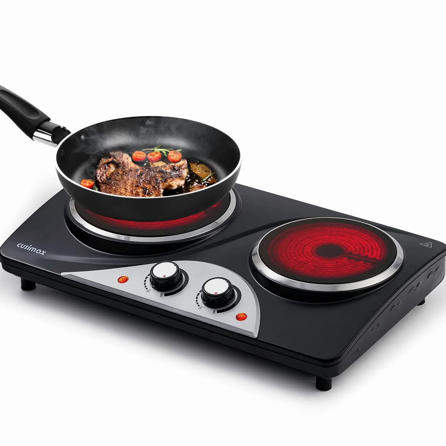Doppelkochplatte, CUSIMAX 2100W kochfeld 2 platten mit Infrarot-Wärme, mobile herdplatte 2 kochfelder für camping, Edelstahl kochplatten 2er elektrisch mit einstellbarer Temperatur, Schwarz