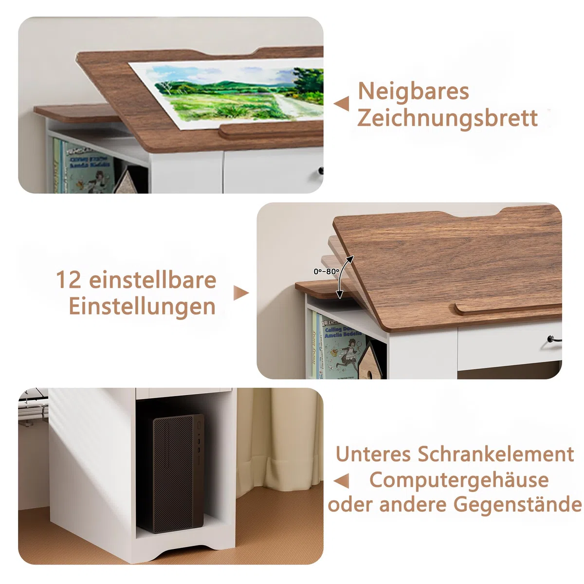 Zeichentisch mit Aufbewahrungsschrank und Schubladen, Verstellbarer Zeichentisch mit offenen Regalen, Kunst- und Handwerkstisch für Künstler, Maler