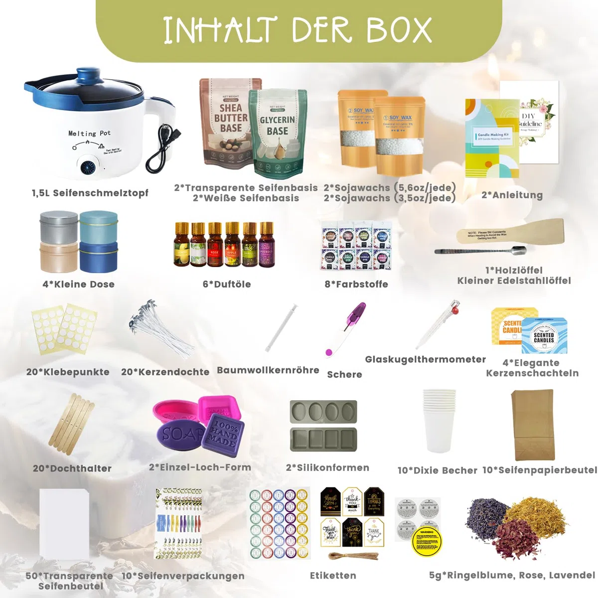 LFISGNN 2-in-1 Kerzen- und Seifenherstellungsset für Anfänger, komplettes DIY-Bastelset zur Herstellung handgefertigter Seifenstangen und Duftkerzen mit Schmelztopf und Zubehör