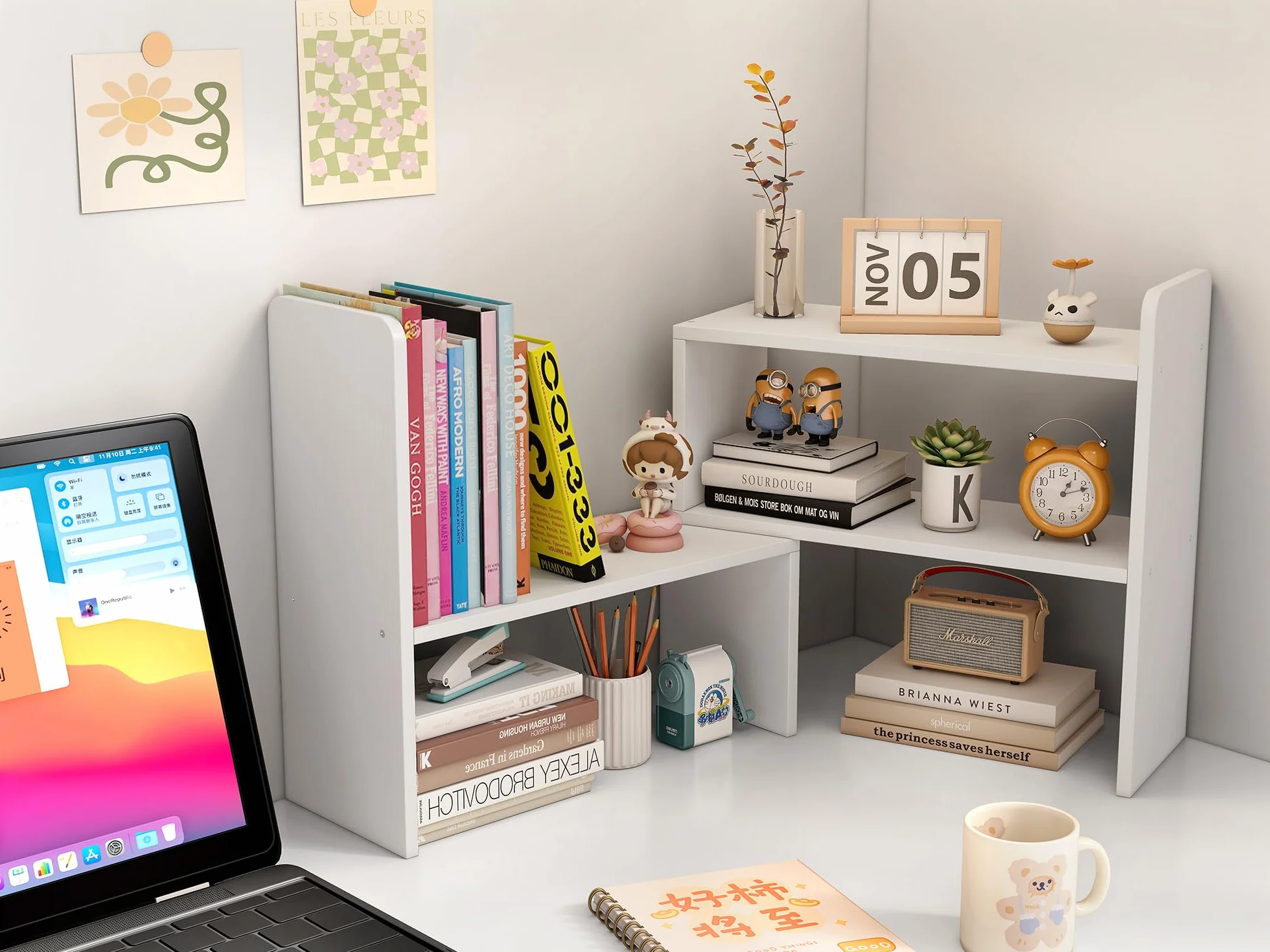 EasyPAG Schreibtisch Regal Holz Freistehend Kleines Bücherregal Verstellbar Schreibtisch Organizer Ständer Bürobedarf Ablage Display Regal,Weiß