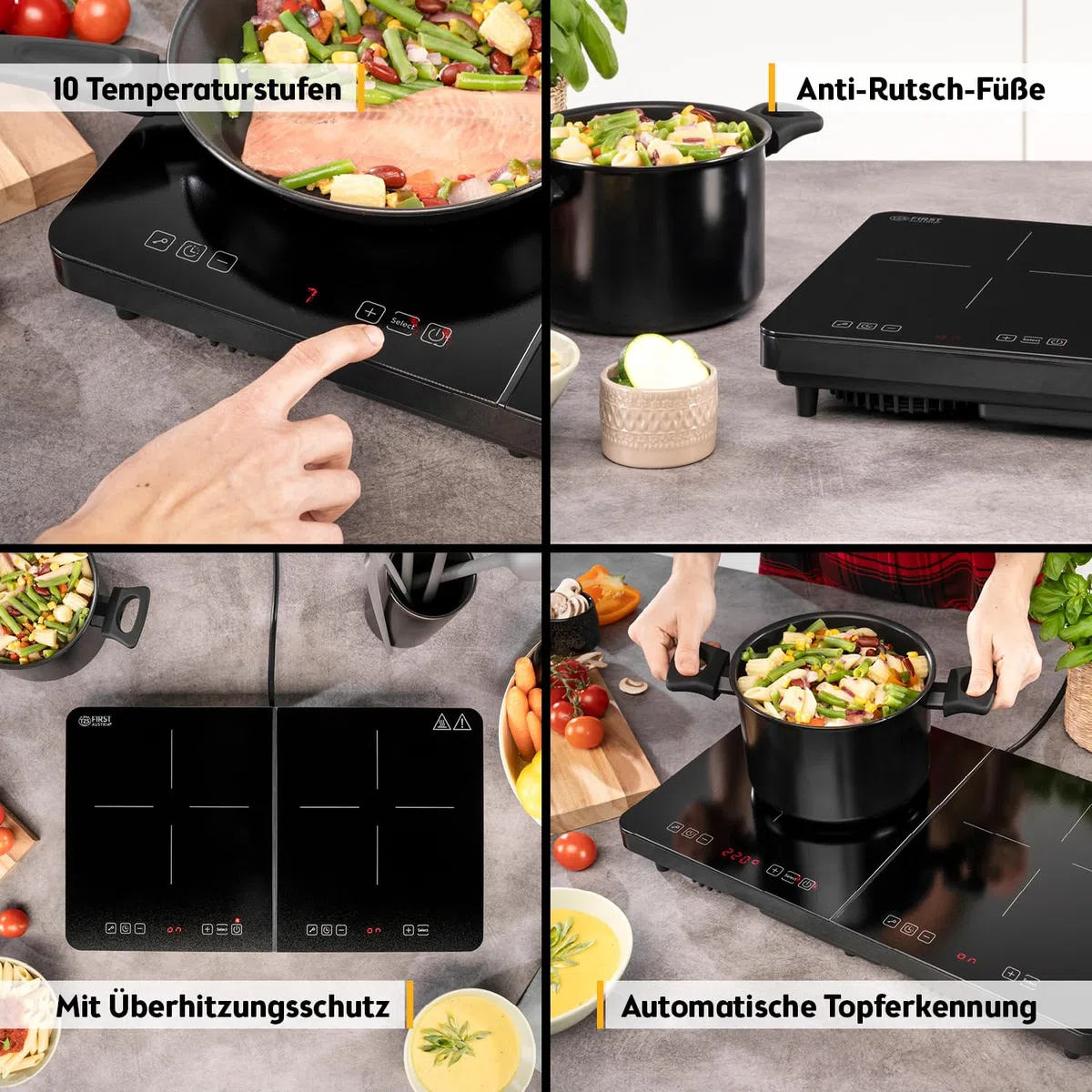 TZS First Austria - Induktionskochplatte doppelt - 3500W - 2er Glaskeramik-Herdplatte - 10 Leistungsstufen, Timer, Kindersicherung, LED-Display, Touch-Bedienung, Überhitzungsschutz - Camping, mobil