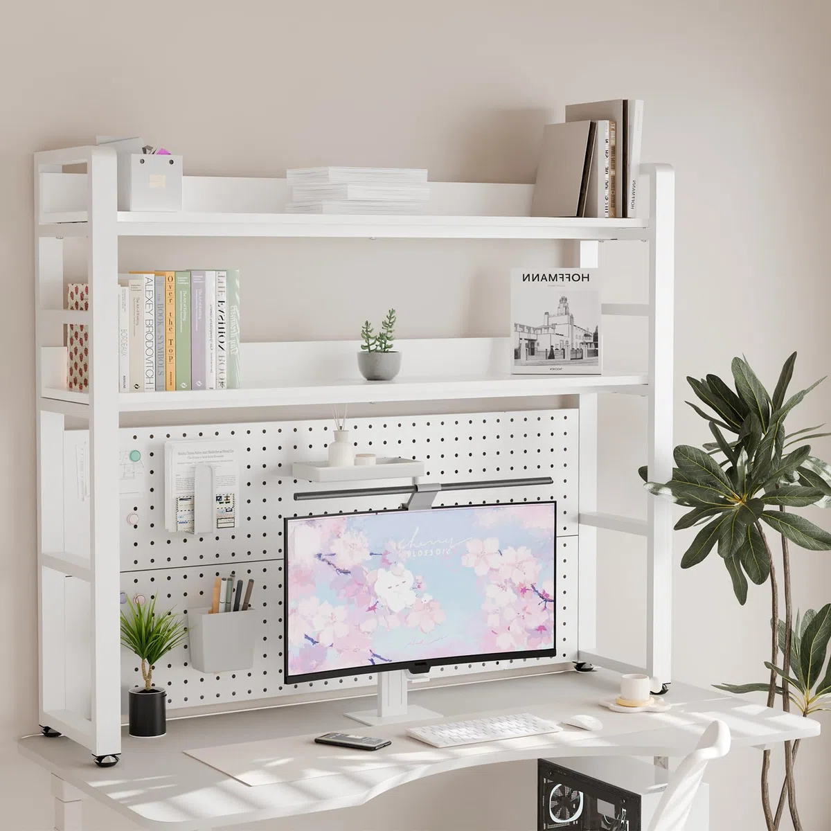 2-Ebene Schreibtisch Regal mit versteckten Schrauben Design, weiß 110CM, Desktop Organizer mit Festplatte