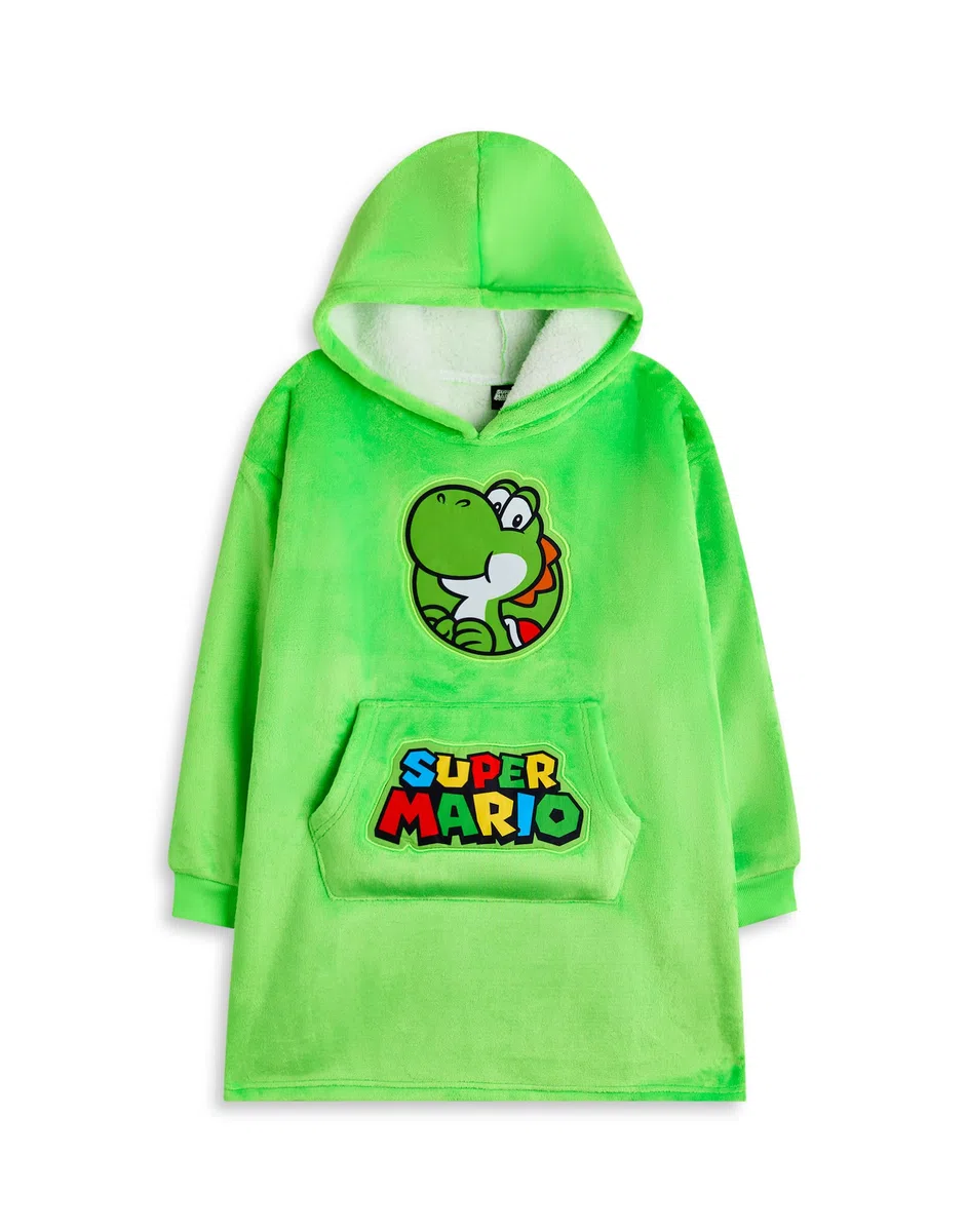 Super Mario Nintendo Tragbare Decke Unisex Hoodie für Kinder | Grüner Kapuzenpullover für Kinder mit Yoshi Charaktergrafiken | Sherpa-gefütterte Loungewear mit Taschen für Jungen und Mädchen