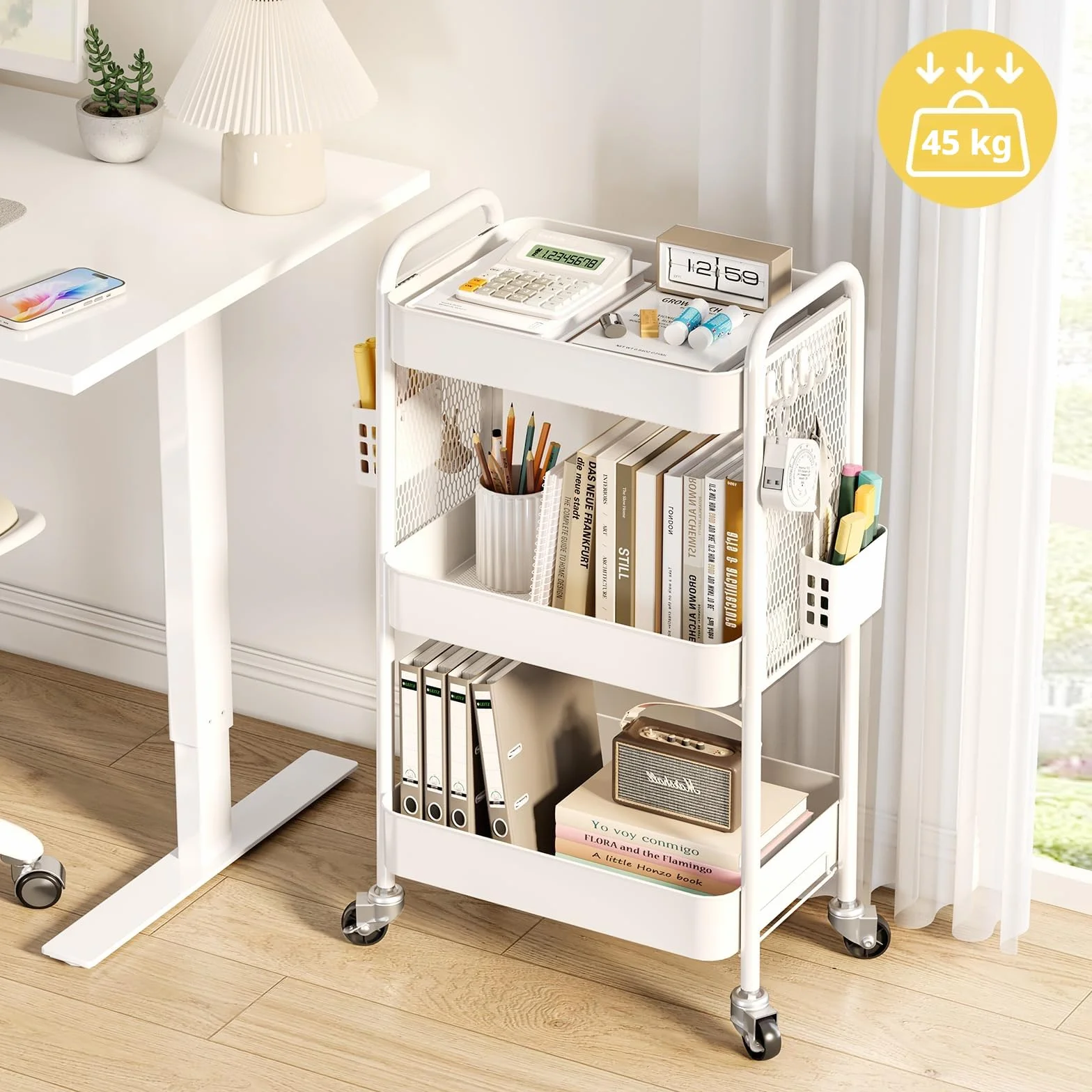 Urackify Allzweck-Aufbewahrungswagen für Verschiedene Anwendungen – mit DIY-Stecktafeln,Körben und Haken für zusätzlichen Stauraum in Küche,Bad,Büro, Klassenzimmer und- Weiß 3 Ebenen