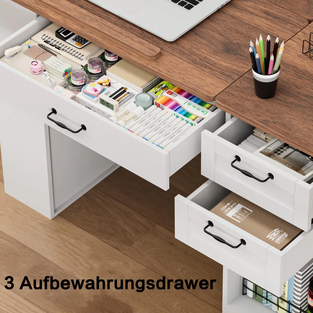 Zeichentisch mit Aufbewahrungsschrank und Schubladen, Verstellbarer Zeichentisch mit offenen Regalen, Kunst- und Handwerkstisch für Künstler, Maler
