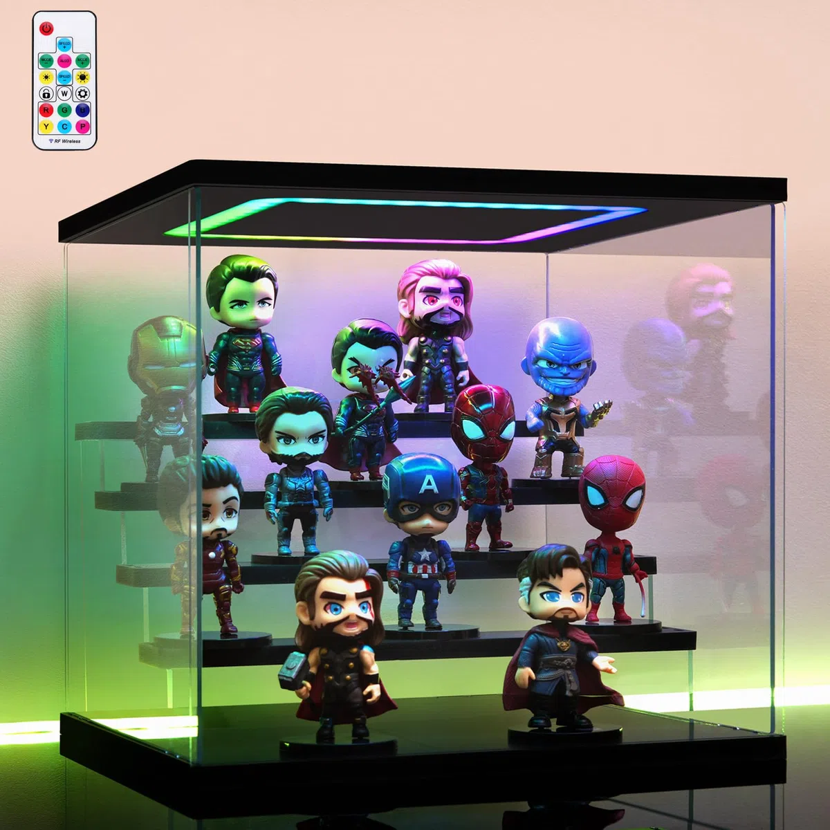 Acryl Vitrine mit RGB LED Beleuchtung für Modellautos Figuren, 3/4/5/6 Stufen Mehrfarbige Licht Staubschutz Schaukasten für Sammlerfiguren (Schwarz, 5 stufen, 32x31x30cm)