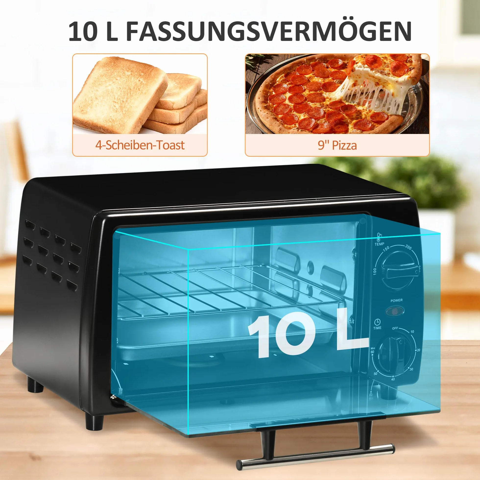 HOMCOM Mini Backofen 10 L 750W 100-230℃ 60 Min. Timer mit Backblech, Grillrost und Herausnehmbarer Bodenschale, Pizza-Ofen, Schwarz