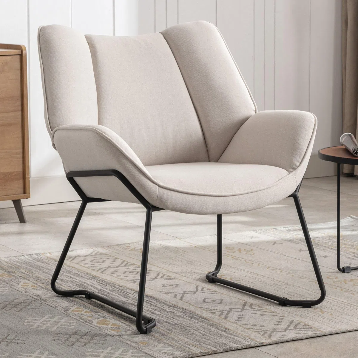 Ya-Home Sessel Wohnzimmer Loungesessel modern Lesesessel gepolstert Ohrensessel mit Metallbeinen für Schlafzimmer/Wohnzimmer, Leinen, Beige
