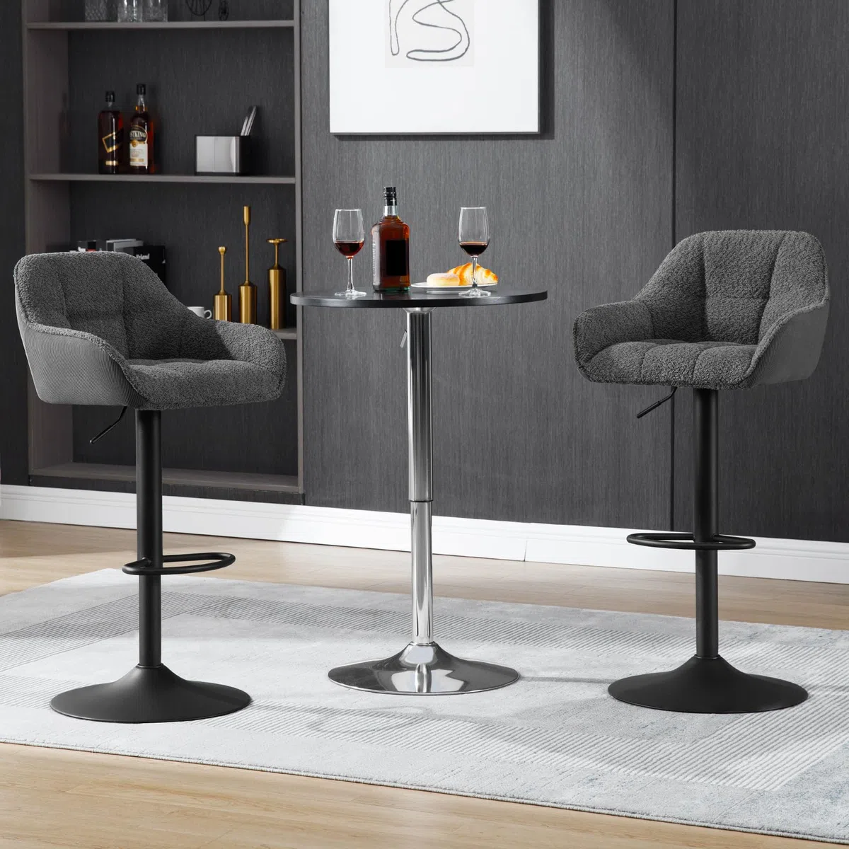 WOLTU Barhocker 2er Set, Barstuhl höhenverstellbar, Küchenhocker Bistrohocker Tresenhocker mit Lehne Fußstütze, drehbar, gepolstert, Chenille Cord Metall, Dunkelgrau, BH400dgr-2