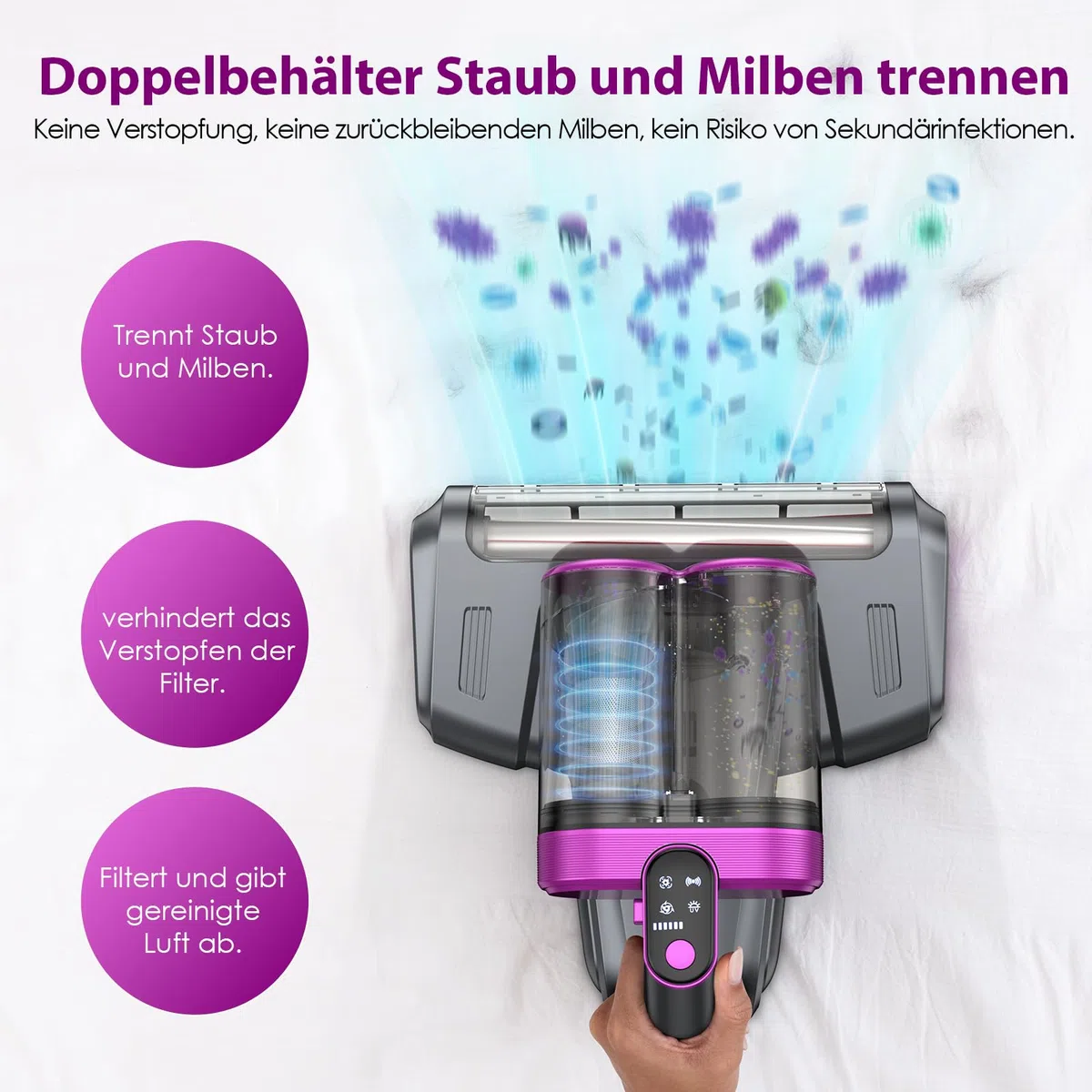 Linkifly MT1 Kabelloser Milbensauger für Matratzen, 18 kPa Matratzenreiniger mit 253,7 nm UV-C Licht, Milbenstaubsauger mit USB-C Ladefunktion, Handstaubsauger für Matratzen, Betten und Sofa