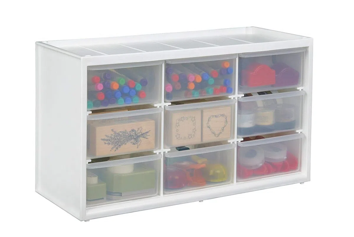 ArtBin 0365498 Store In Schubladenschrank, Näh-und Bastelorganisation, Kunststoff-Aufbewahrungseinheit mit 9, Weiß mit transparenten Schubladen, Drawer