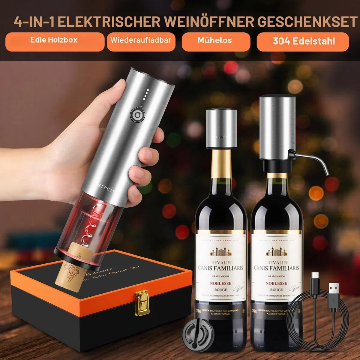 Elektrischer Weinkorkenzieher 4-in-1 Geschenkbox Set mit Automatischer Weindekanter & Weinöffner, Vakuumstopfen, Kapselschneider - USB-C Schnelladung für Weinliebhaber