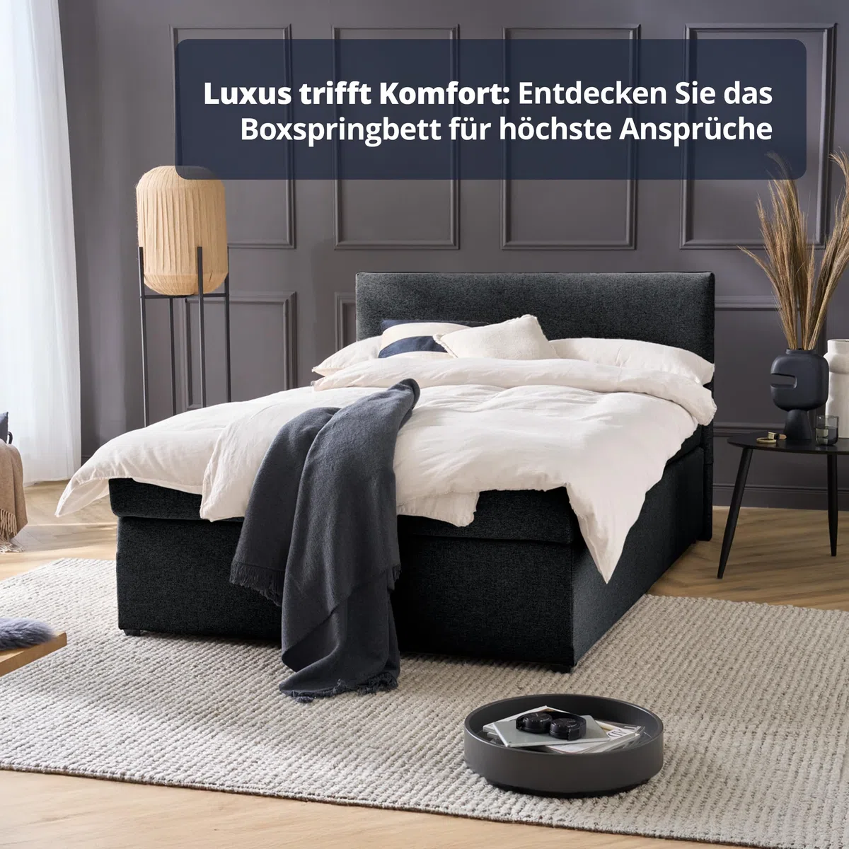 KHG Boxspringbett schwarz Härtegrad H3 mit Matratze Bonellfederkern und Topper 100% Polyester Schaumstoffkern Gestell Holzwerkstoff gepolstert stoffbezogen zeitlos