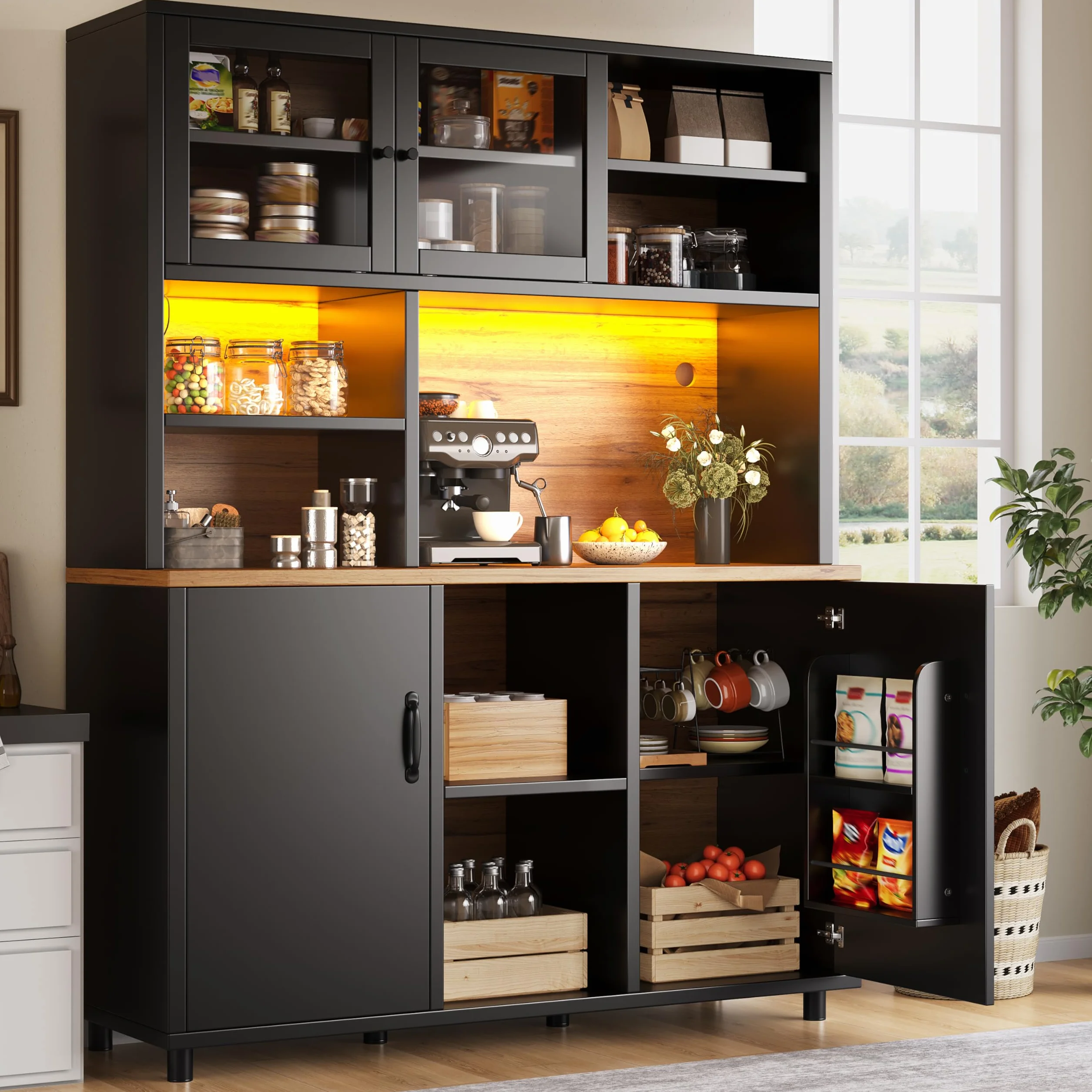 Küchenschrank mit LED, Hochschrank mit Schiebetüren & Arbeitsplatte, Buffetschrank mit Verstellbaren Regalen und Stauraum Regal, für Küche & Esszimmer & Wohnzimmer, Schwarz, 140x40.5x174.5cm
