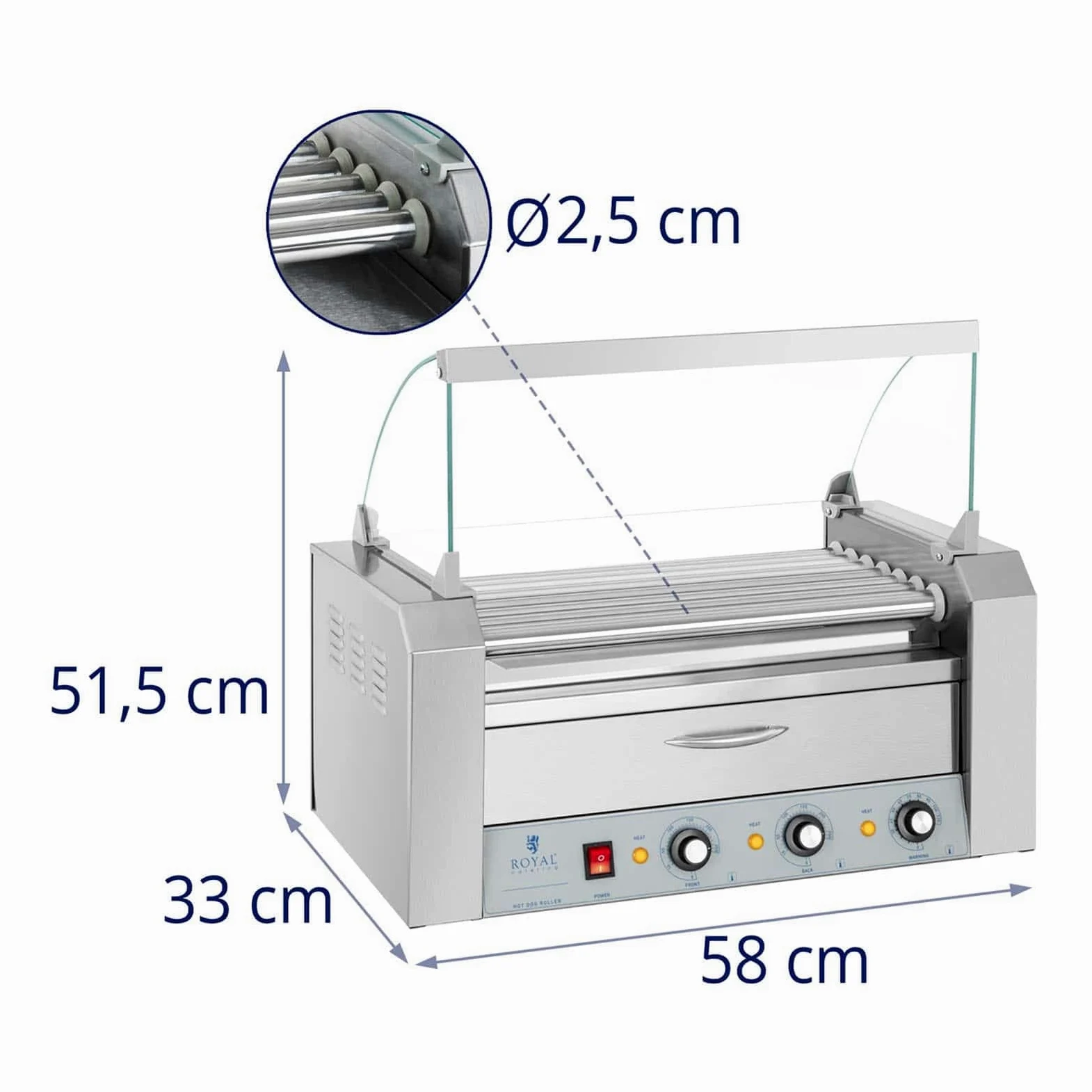 Royal Catering RC-RG7DC Hot Dog Grill 2 Zonen Edelstahl Rollengrill Würstchengrill 7 Rollen 1.500 W
