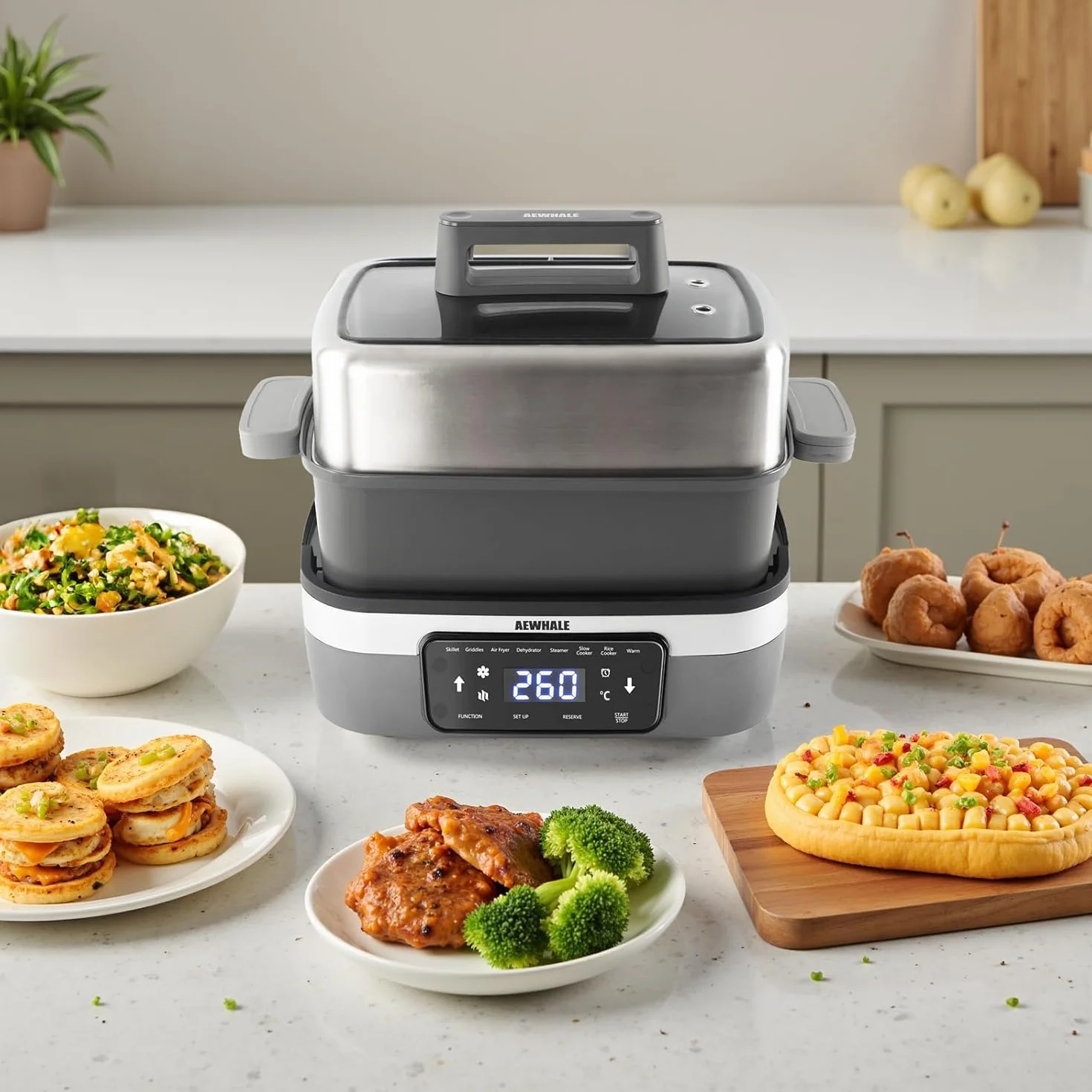 AEWHALE 8-in-1 Multikocher mit Air Fryer 4.25L, Reiskocher, Slow Cooker, Dampfgarer& Warmhaltefunktion|4 Zubehörteile | Antihaftbeschichtete, austauschbare Platten und Pfannen
