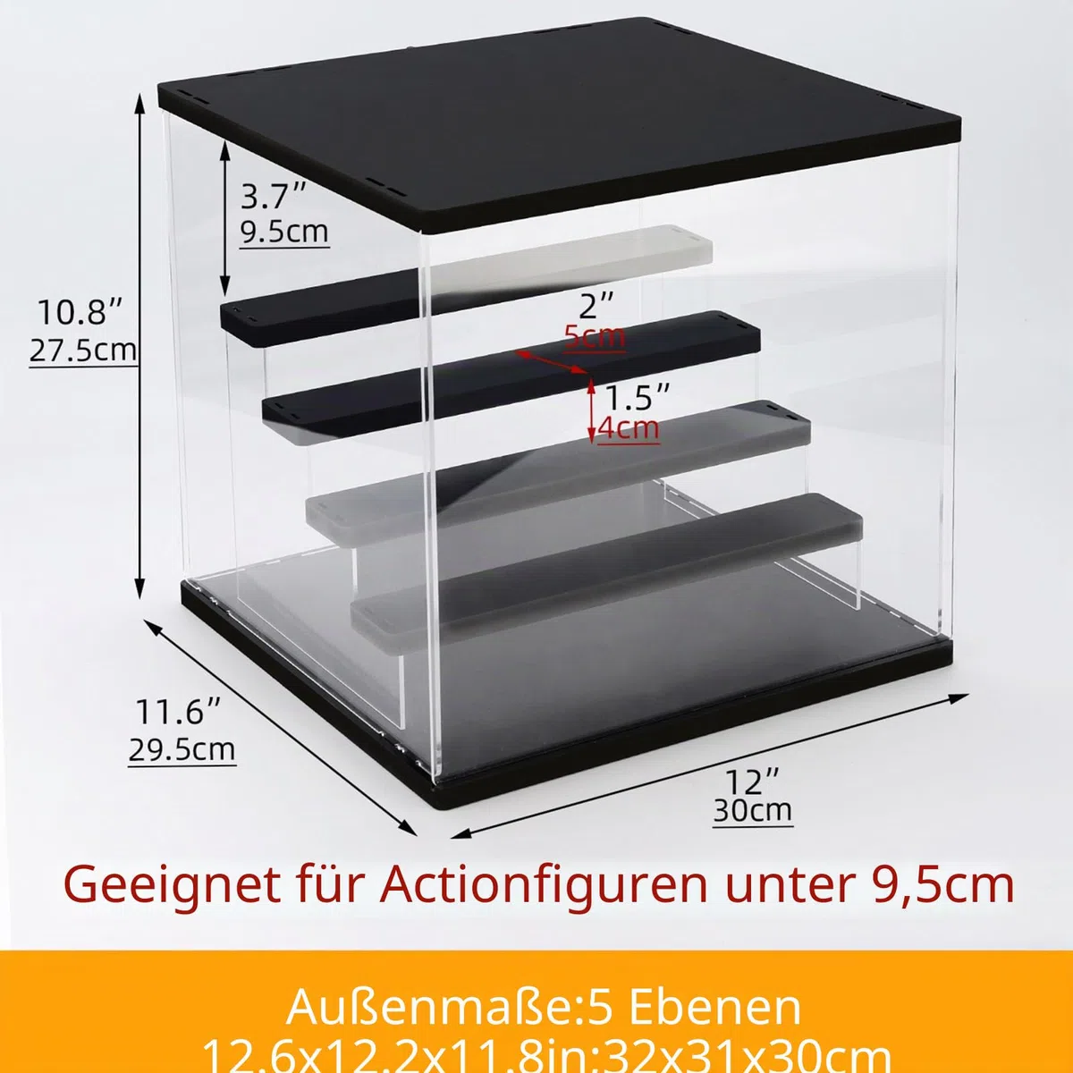 Acryl Vitrine mit RGB LED Beleuchtung für Modellautos Figuren, 3/4/5/6 Stufen Mehrfarbige Licht Staubschutz Schaukasten für Sammlerfiguren (Schwarz, 5 stufen, 32x31x30cm)