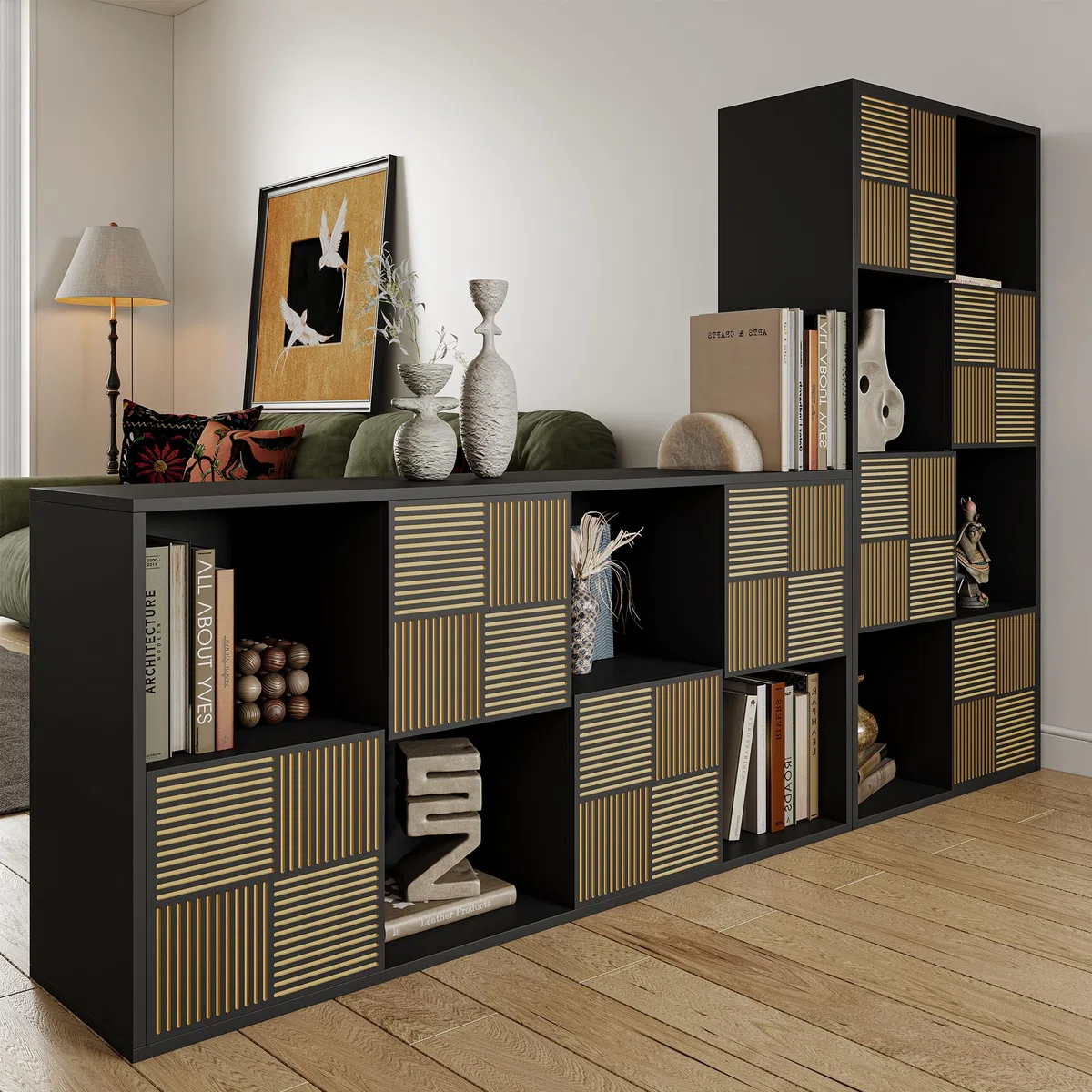 Würfelregal Bücherschrank mit 8 Fächer, Schwarz Bücherregal Raumteiler Regal für Wohnzimmer,Büro,Kinderzimmer, MDF Holz,Horizontal oder Vertikal