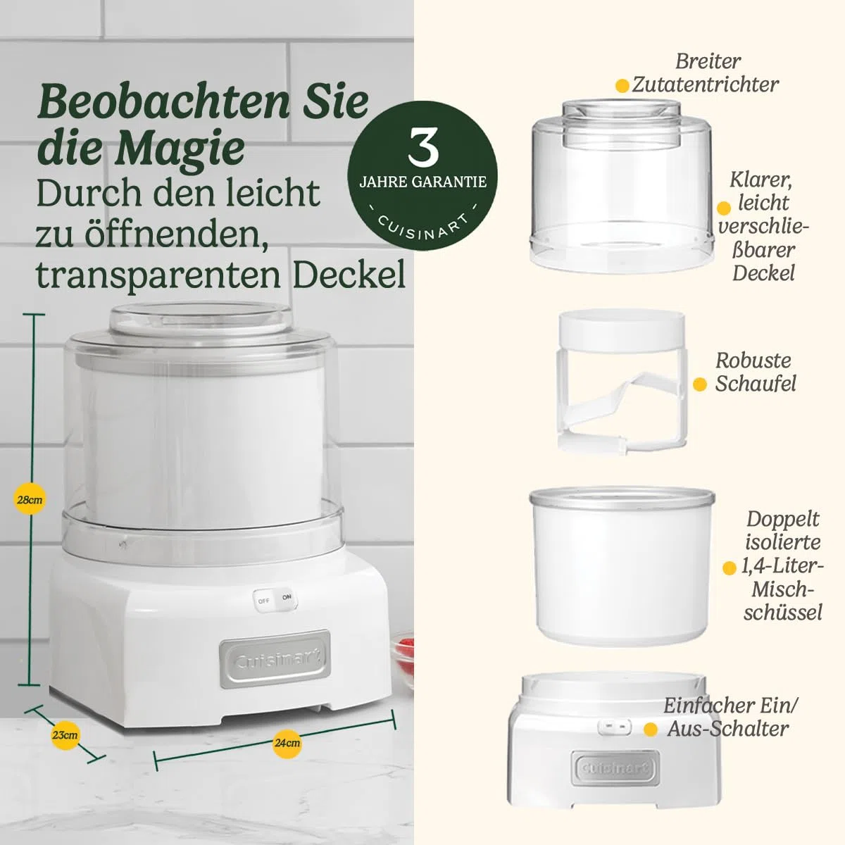 Cuisinart Cool Scoops Hausgemachtes Gelato & Eismaschine in 25 Min. | Sorbet Frozen Yogurt Maker | Familiengröße | 1.4L Rührschüssel | ICE21, Kunststoff, Weiß