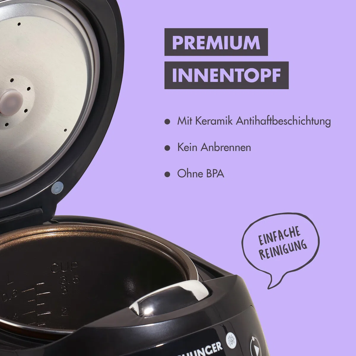 REISHUNGER Digitaler Reiskocher klein – 0,6 L bis 3 Personen – Schwarz | Warmhaltefunktion, Timer & Premium Topf – Kleiner Multikocher & Dampfgarer – 8 Programme, 7-Phasen-Technologie