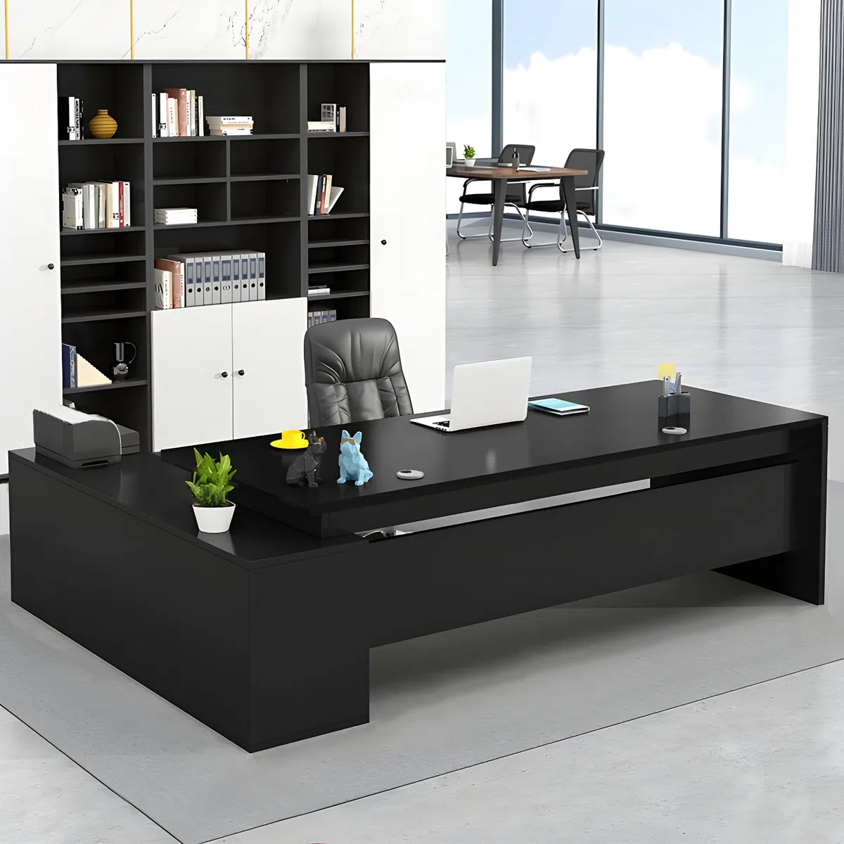 Moderner L-förmiger Büroschreibtisch mit Holzsockel, Chefschreibtisch, Cheftisch, Computer-Wohnmöbel, Schubladen und Ablagefächer – ohne Stühle, 78,7" L x 31,5" B x 29,5" H, Schwarz