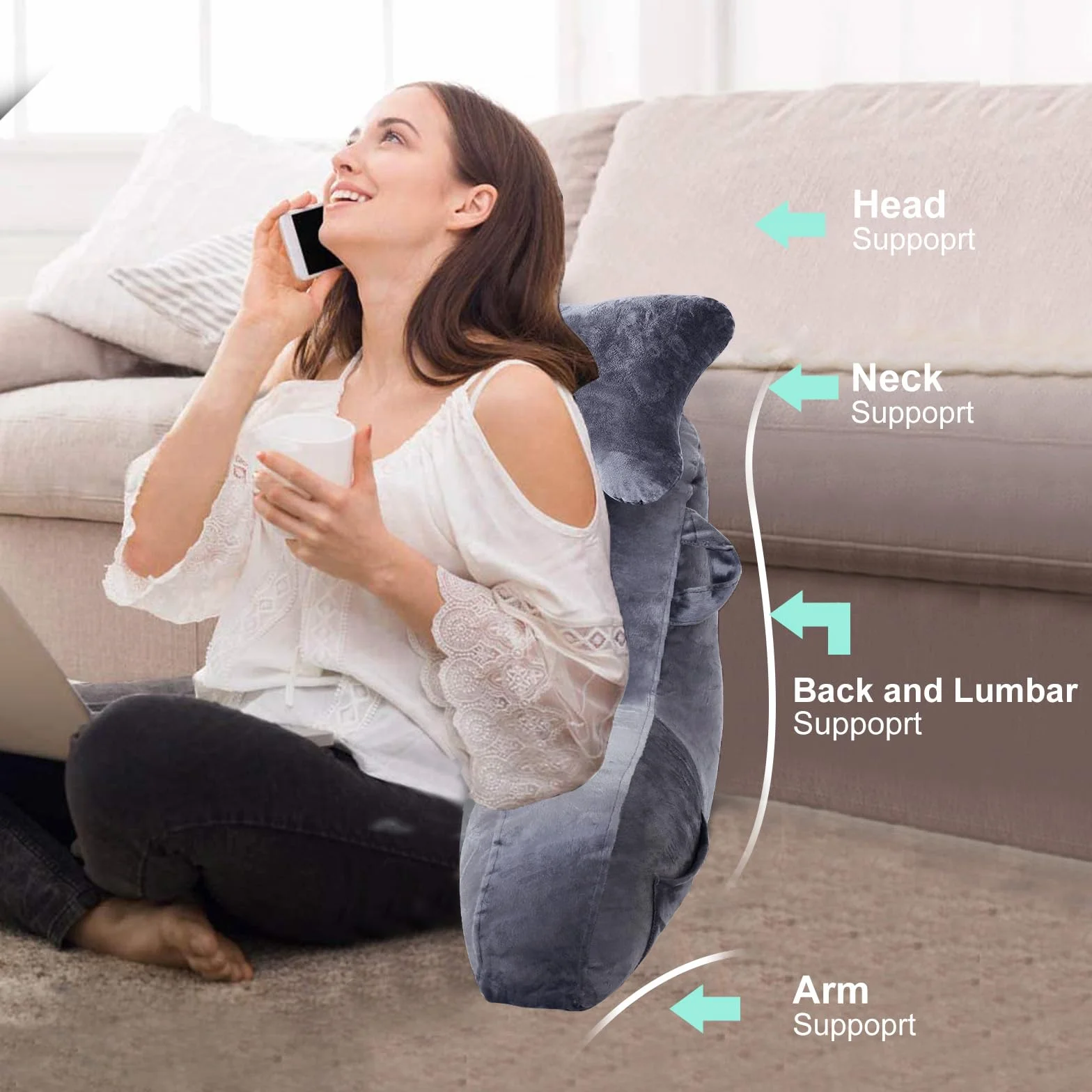 SLIGUY Lesekissen zum Sitzen im Bett Couch Erwachsene, Rückenkissen mit Taschen, Rückenkissen für Erwachsene Bettstuhl für Bettruhe, Lesen, Fernsehen, Gaming Dunkelgrau