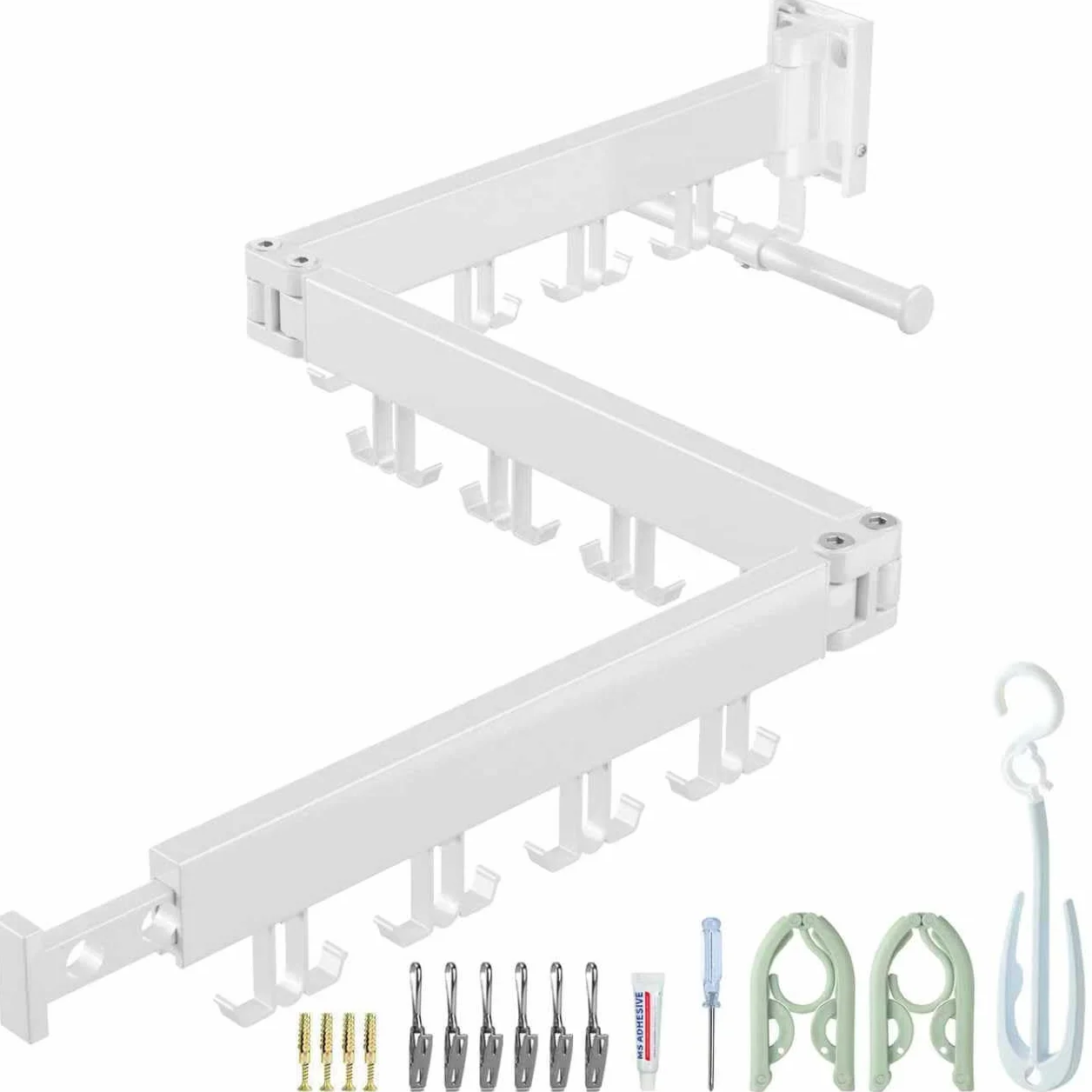 plainshe Wäscheständer Wandmontage, Platzsparend,3-Fach Faltbar, Ausziehbar Kleiderstange mit Verlängerungsstange, Aluminium Wandwäschetrockner mit 24 Haken, für Balkon, Terrasse (Weiß-Doppelhaken)