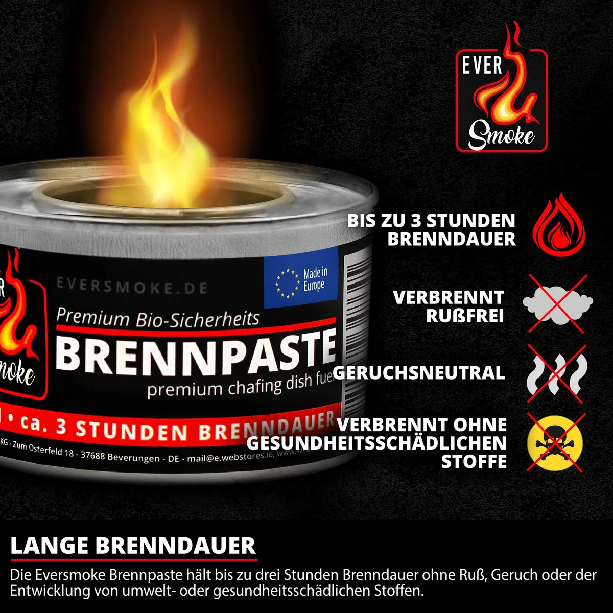 12x Eversmoke Sicherheits Premium Bio Brennpaste Brenngel Chafing Dish Speisenwärmer (12 Dosen je 200g)