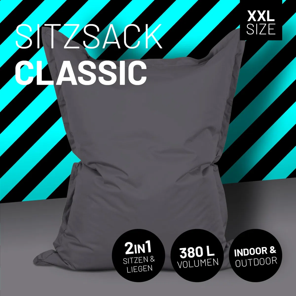 Lumaland Riesen-Sitzsack XXL 140x180 cm | Wasserfestes Indoor & Outdoor Liegekissen mit über 3 Mio. anpassungsfähigen EPS-Perlen | Bean Bag mit waschbarem Bezug [Anthrazit]