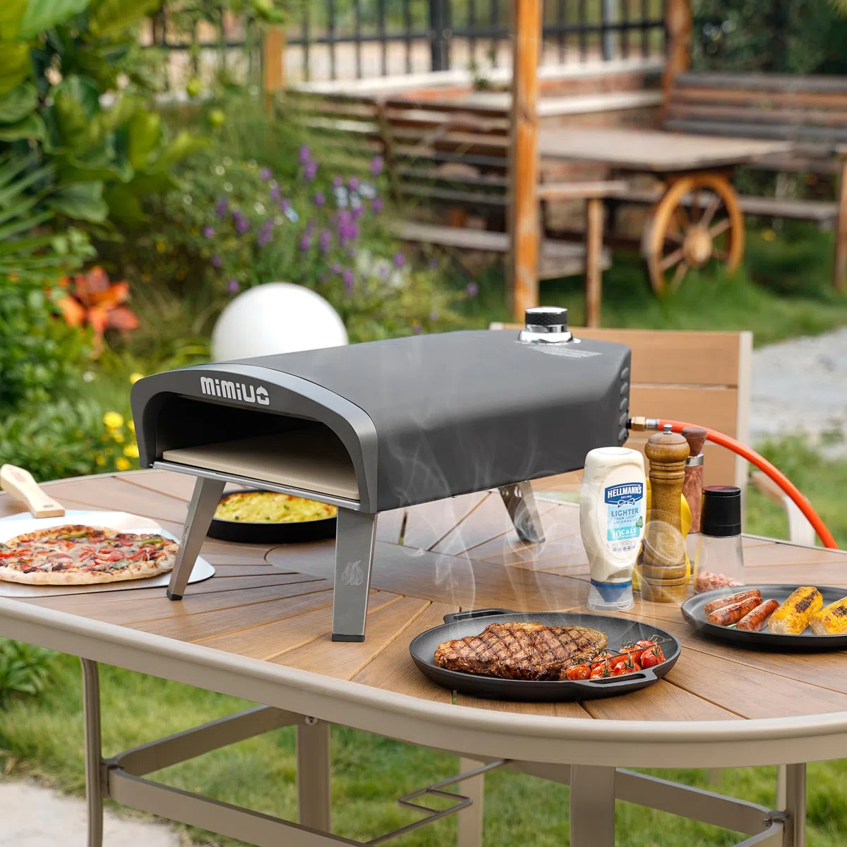 Mimiuo Gas Pizzaofen mit Pizzastein und Pizzaschaufel, mobiler Pizzaofen, Tragbar Pizza Ofen für Terrasse und Balkon, Pizzaofen für den Garten, outdoor, Gas Pizza Oven, Schwarz
