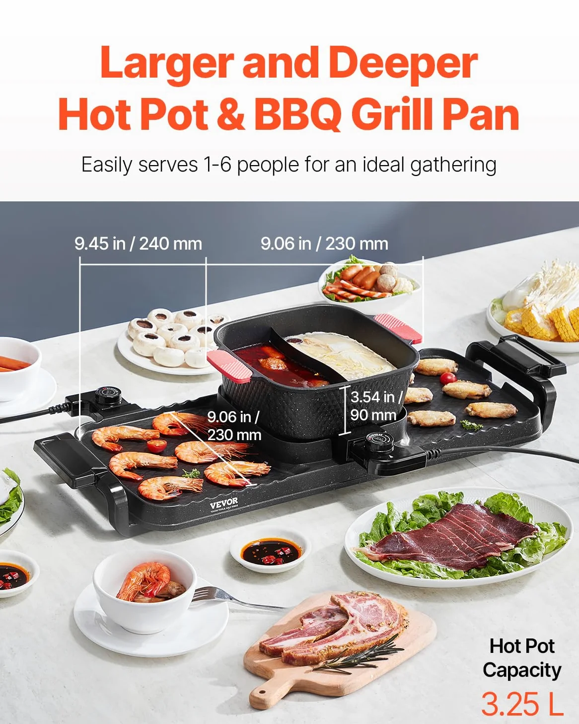 VEVOR Hot Pot 2300 W 2 in 1 elektrischer rauchfreier Grill abnehmbarer Shabu-Shabu-Topf mit Antihaft-Pfanne, separate doppelte Temperaturregelung, koreanischer Indoor BBQ Grill für 1–6 Personen