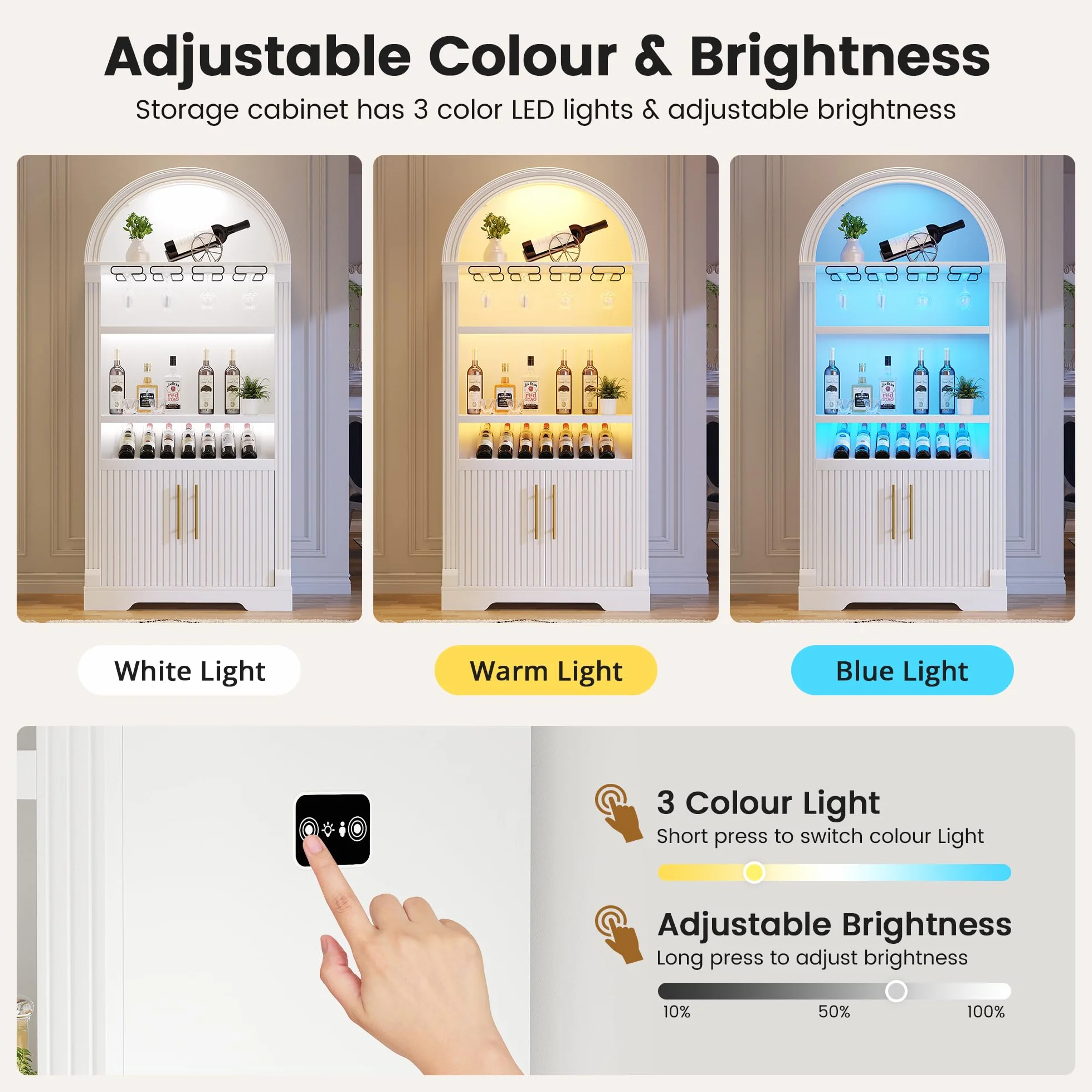LVSOMT LED Bogen Weinschrank Holz, 180cm Barschrank Modern, 3 Farben Licht, 4 Reihig Rotweinglas Regal, 2 Tür Stauschrank, Weinschränke für Küche Esszimmer Wohnzimmer, Weiß