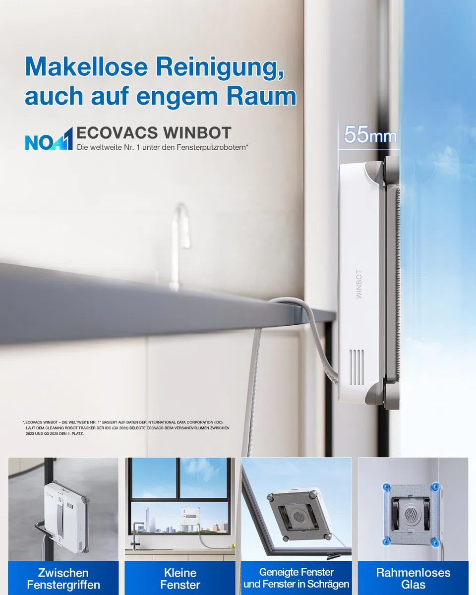ECOVACS WINBOT Mini 2 Fensterputzroboter mit Eckbürsten & Ultraschallzerstäubung, Ultraschlank & Leicht für Schmale Fenster, Smarte Navigation, 6 App-Modi, 10-Stufiges Sicherheitssystem