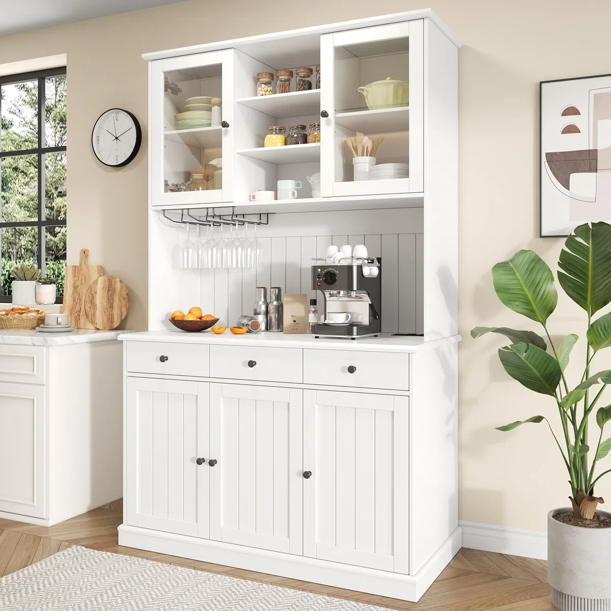 Küchenschrank mit USB Buchse für Wohnzimmer, Hochschränk mit Schubladen & Türen, Vorratsschrank mit Verstellbaren Regal & Weinregal, Buffetschrank für Esszimmer, 191x120x40 cm (Weiß)