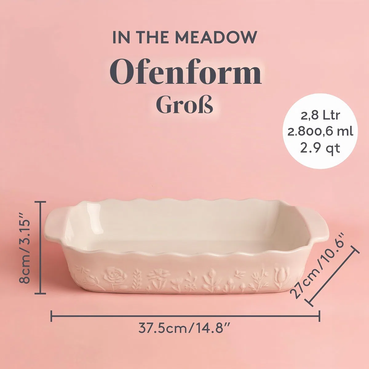 Mason Cash In The Meadow Große rechteckige Backform, Creme | 2,8 l, floral geprägtes Steingut, ofenfeste Auflaufform zum Backen, Braten und Servieren, 33 x 23 cm