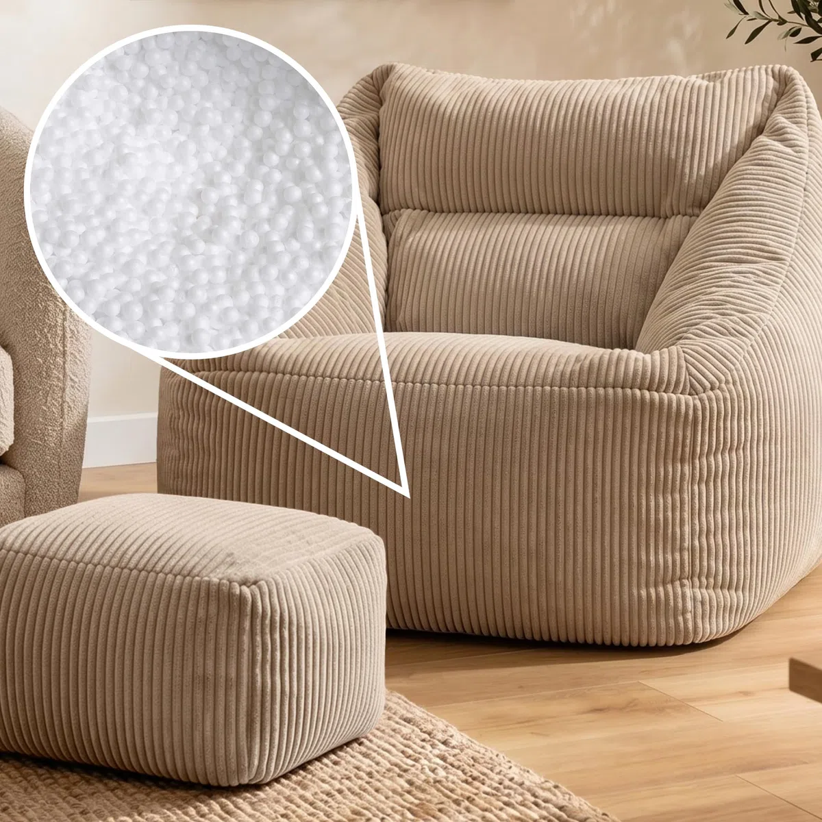 Icon Natalia Sitzsack Sessel mit Hocker für Erwachsene, Beige, Flauschiger Cord Stoff, Riesen Sitzsack Cord mit Füllung, Bean Bag Chair, Bequemer Sessel Wohnzimmer, Lounge, Schlafzimmer, Büro