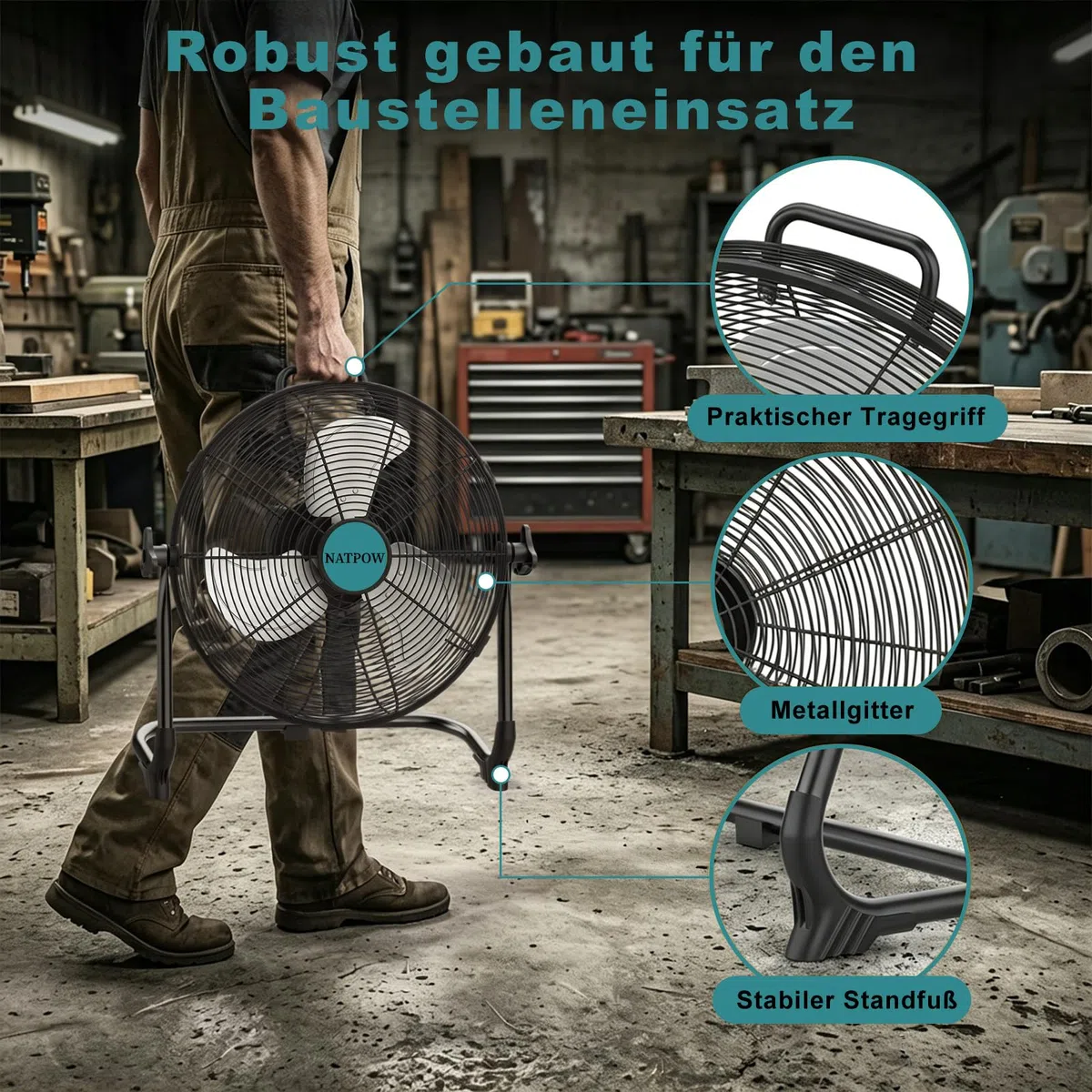 NATPOW Akku Bodenventilator, Kompatibel mit Makita 18V-Akkus, 30cm Ventilator Leise mit Typ C und USB-Aufladung, Stufenlos Drehzahlregelung mit Adapter für Strand Camping Baustelle, Kein Akku