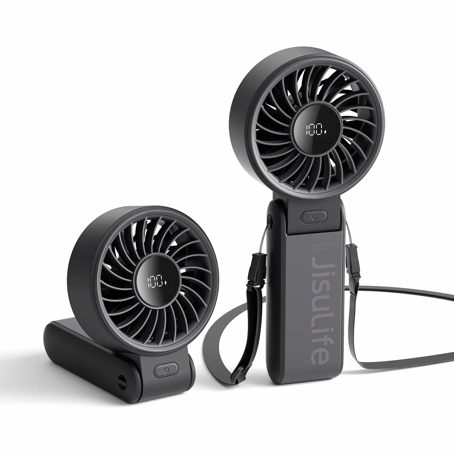 JISULIFE Handventilator 7, Leistungsstarker tragbarer Ventilator mit LED Anzeige, 19.5 Stunden maximale, 5000 mAh, 3-IN-1 Hand/Schreibtisch/Halsventilator, Mini Ventilator für Reisen(Schwarz)