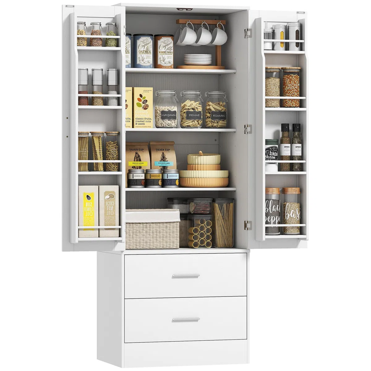 HOMCOM Küchenschrank Buffetschrank mit 2 Türen, 8 Türregalen, 2 Schubladen Hochschrank mit Verstellbaren Einlegeböden, Moderner Vorratsschrank für Wohnzimmer Weiß, 60 x 40 x 159 cm