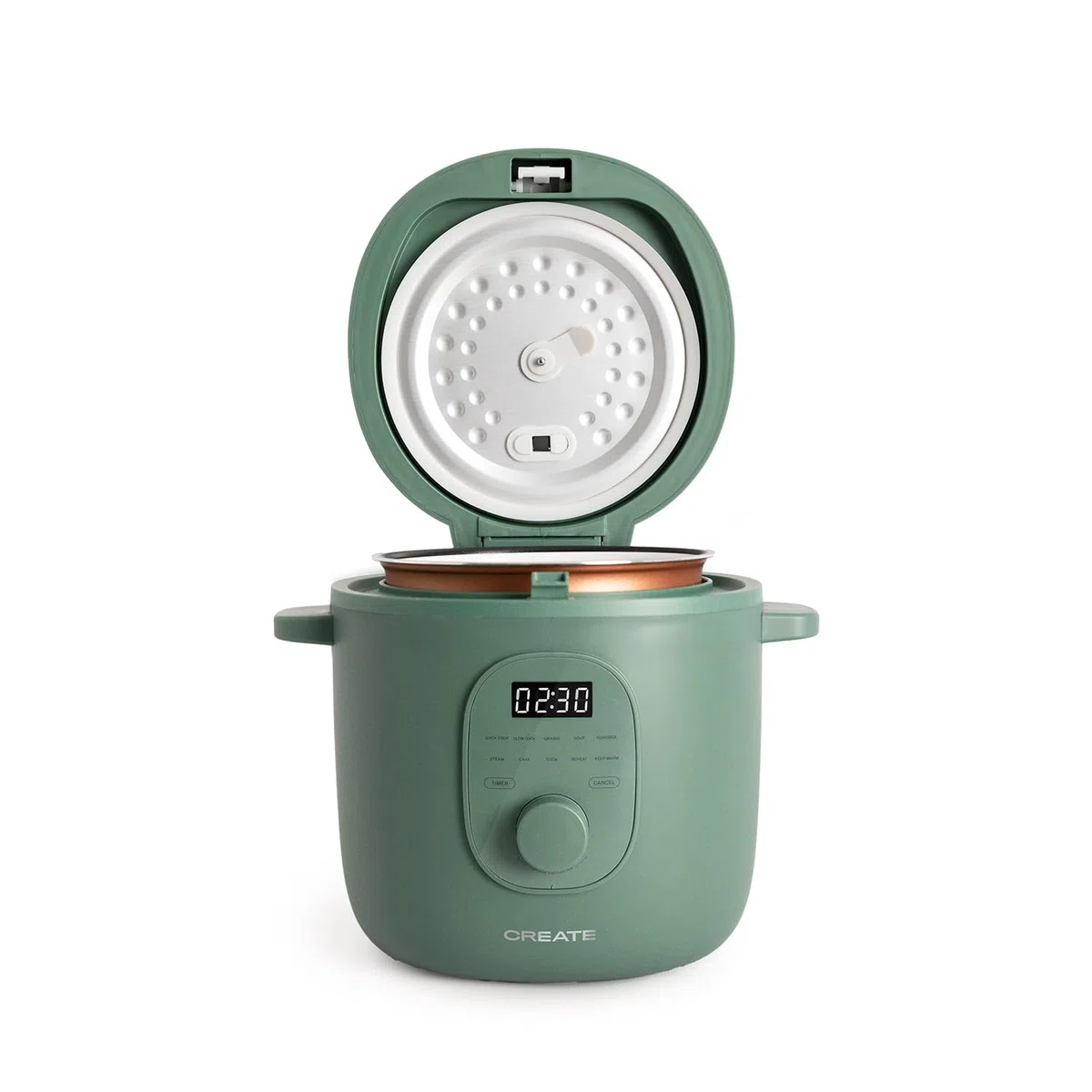 CREATE/RICE COOKER/Multifunktioneller Elektrischer Reiskocher 1.2L Salbeigrün/Programmierbar bis zu 24h, mit Dämpfeinsatz, bereitet Kuchen, Aufläufe oder Suppen zu, Warmhaltefunktion, 300W