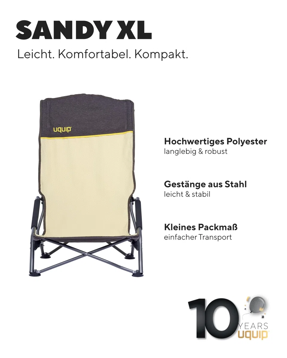 Uquip Campingstuhl Sandy XL boulder I faltbarer Strandstuhl mit 120 kg Traglast I kompakter Faltstuhl aus Stahl & Polyester I klappbarer Outdoor-Stuhl für Camping, Strand, Angeln, Garten & Festivals
