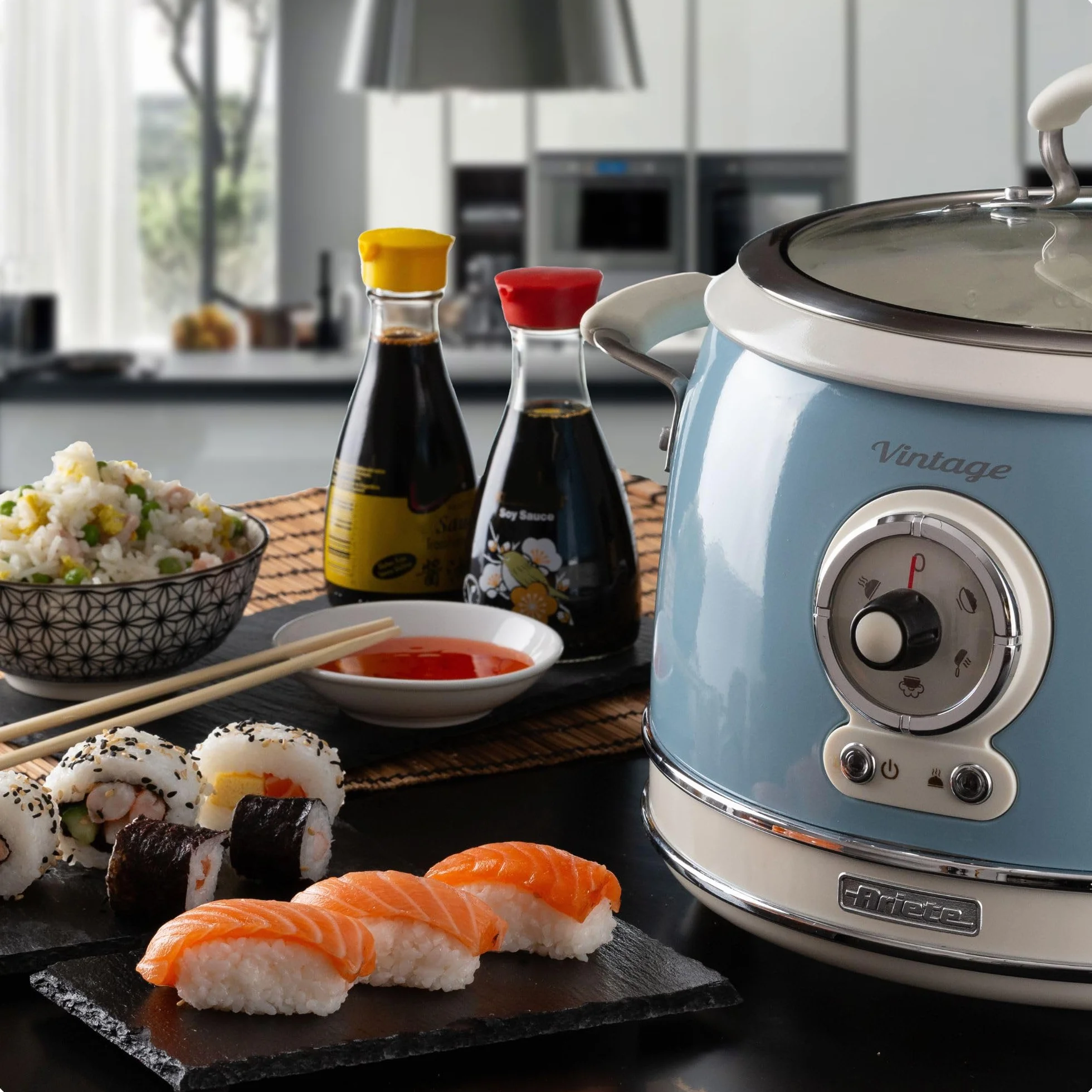 Ariete 2904 Vintage Rice Cooker, Reiskocher Slow Cooker, Dampfgarer, Vintage-Linie, 3,5 l, antihaftbeschichtete Keramikbeschichtung, 650 W, Pastellblau