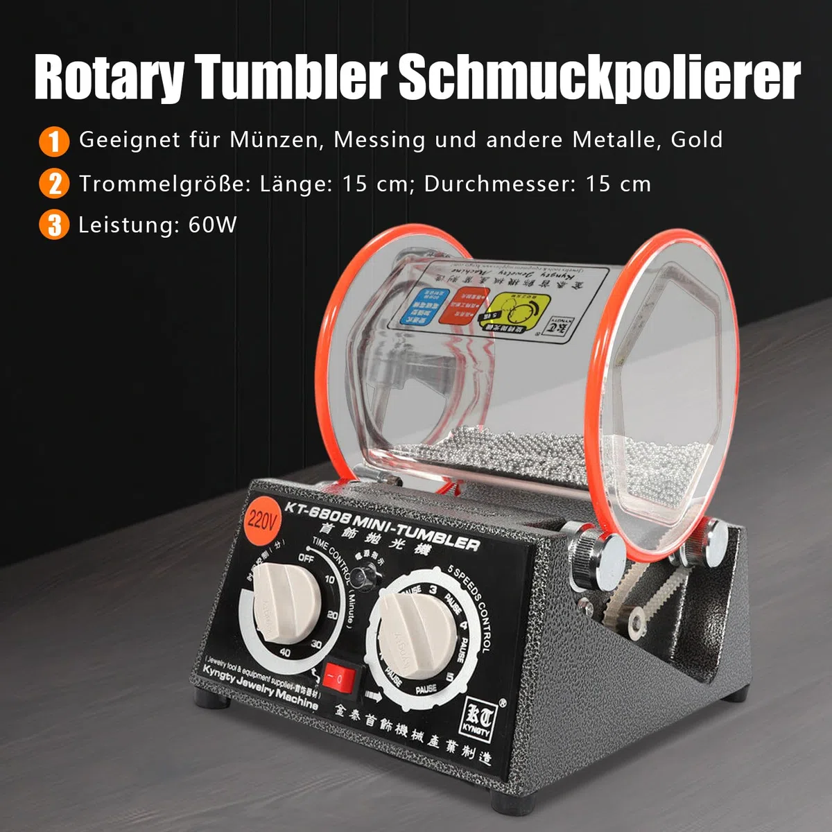 3Kg 220V Elektrische Rotationspolierer, Rotary Tumbler Schmuck Polierer, Schmuck Polieren Trommel Kugelmühle Gerät, Kugelmühle Trommel Polierer 5 Geschwindigkeiten mit Timer Polisher
