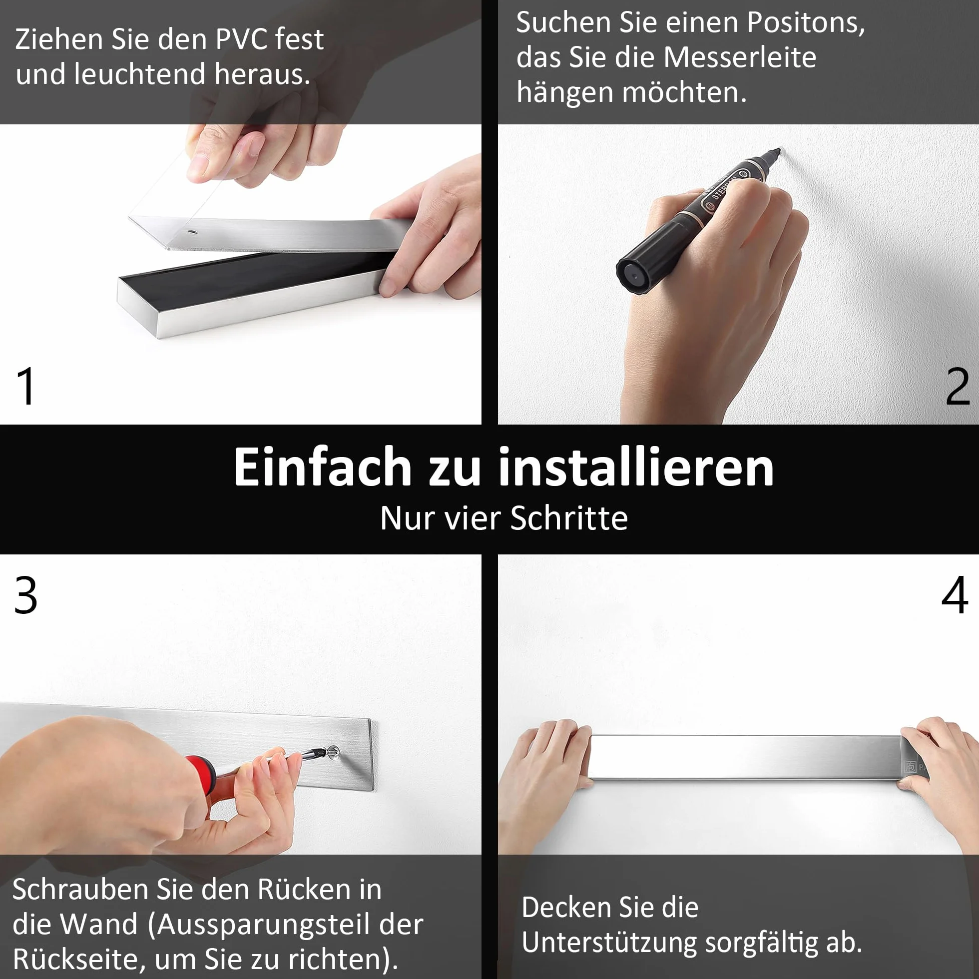 PAUDIN Magnetleiste Messer 45 cm Messerleiste magnetische Küchenmesserleiste aus Edelstahl mit extra starkem Magnet als Messerhalter für Wand Selbstklebend für Küchenutensilien oder Werkzeugen