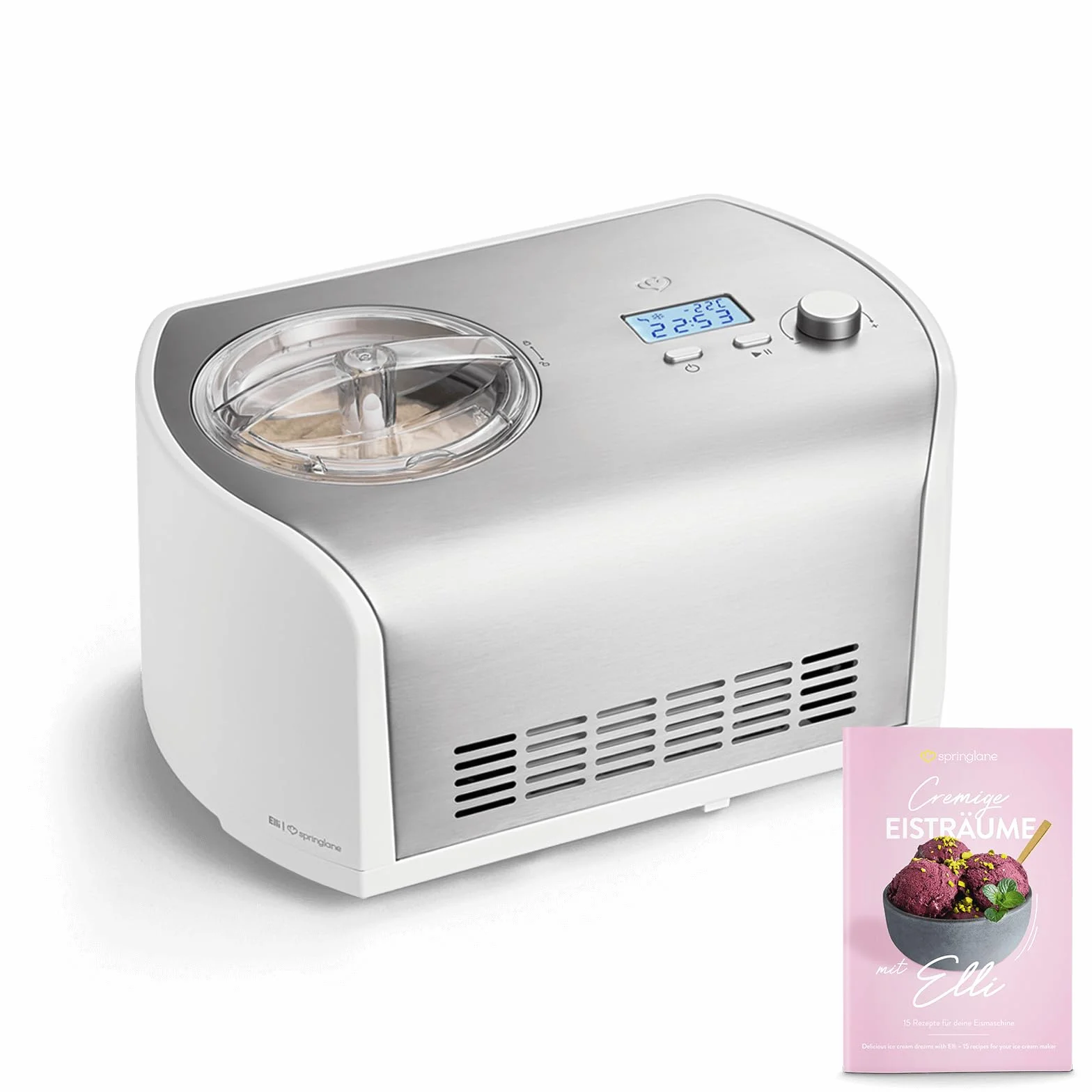 SPRINGLANE Eismaschine Elli 1,2 L mit selbstkühlendem Kompressor 135 W, Eiscrememaschine aus Edelstahl mit entnehmbarem Eisbehälter, inkl. Rezeptheft