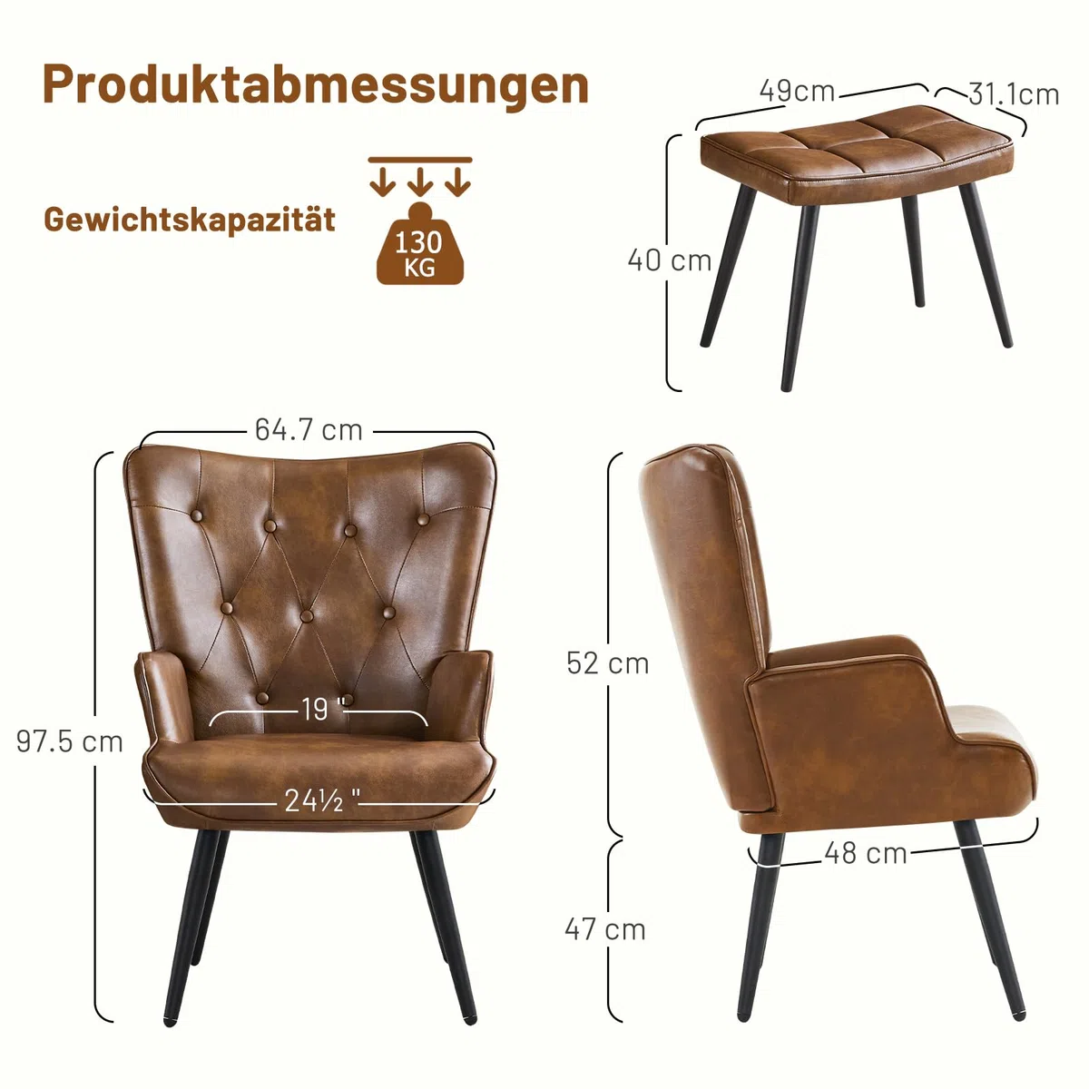 Sessel mit Hocker, Ohrensessel mit Hocker aus PU-Kunstleder, Sessel Wohnzimmer Relaxsessel mit Fußstütze Loungesessel Polstersessel fürs Wohnzimmer Schlafzimmer Arbeitszimmer, Braun