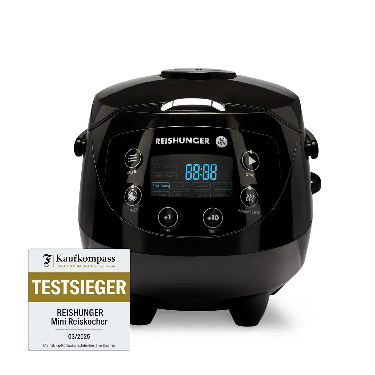 REISHUNGER Digitaler Reiskocher klein – 0,6 L bis 3 Personen – Schwarz | Warmhaltefunktion, Timer & Premium Topf – Kleiner Multikocher & Dampfgarer – 8 Programme, 7-Phasen-Technologie