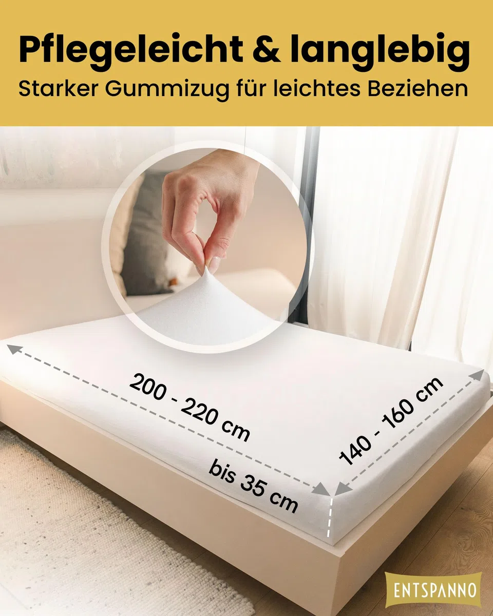 ENTSPANNO Luxus Spannbettlaken 140x200 bis 160x220 cm - Aus weichem Premium Jersey - auch ideal für Wasser- u. Boxspringbett bis 35cm Höhe - Weiß