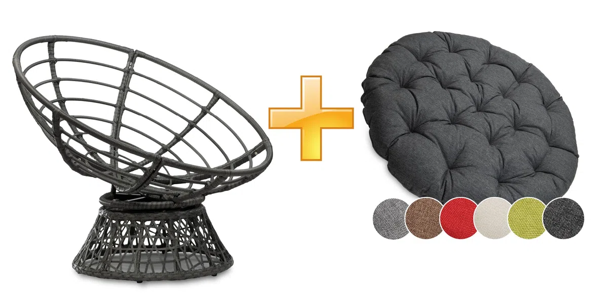 sunnypillow Papasansessel | Rattansessel mit Kissen rund Durchmesser 120 cm | gemütlicher Loungesessel drehbar für Wohnzimmer | Balkon Sessel Korbsessel Rattan Lesesessel | Outdoor/Indoor | Antrazit
